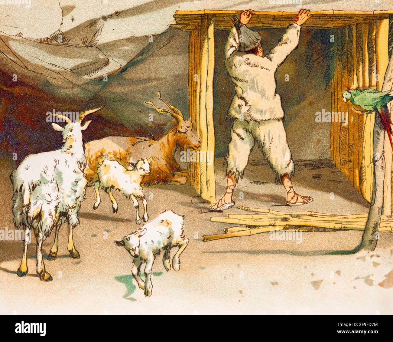Robinson baut ein Tierheim für seine Ziegen, Robinson Crusoe, adoptiert von J. Lohmeyer, Aquarelle von Carl Marr, Leipzig um 1890 Stockfoto