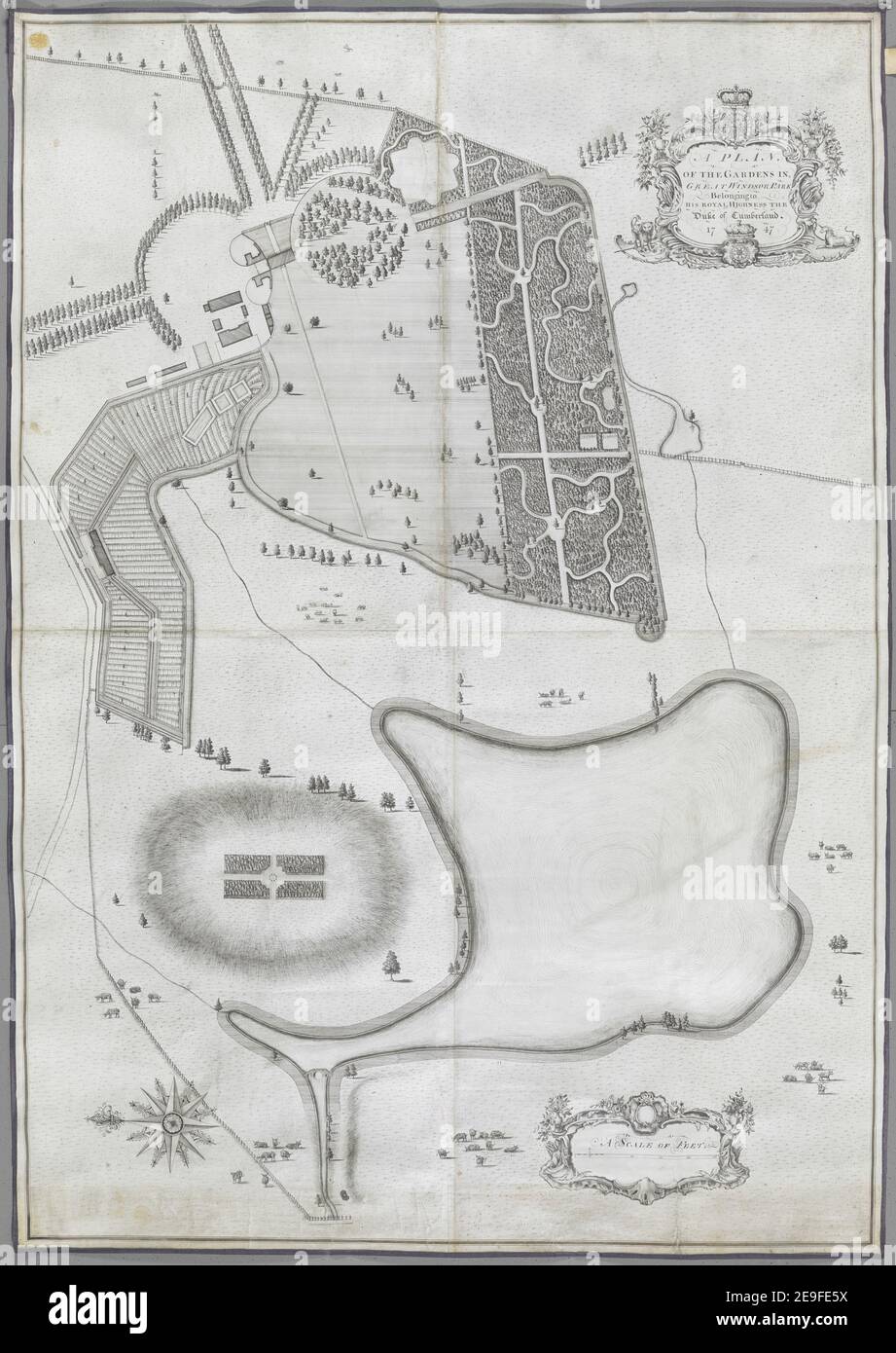 Ein PLAN DER GÄRTEN IM GROSSEN WINDSOR PARK, der seinem ROYAL HIGNESS, DEM Herzog von Cumberland, gehört. 1747. Autor H., M. 7,38.2.a,11 TAB. Erscheinungsort: [Windsor] Verlag: [Produzent nicht identifiziert] Erscheinungsdatum: [1747.] Objekttyp: 1 Karte Medium: Tusche auf Pergament Maße: 140 x 97 cm ehemaliger Besitzer: George III., König von Großbritannien, 1738-1820 Stockfoto