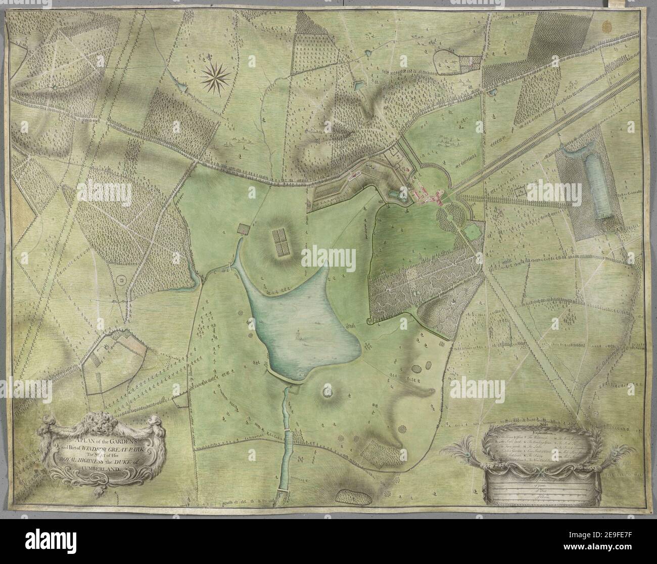 Ein PLAN DER GÄRTEN und Teil des WINDSOR GREAT PARK der SITZ seiner KÖNIGLICHEN HOHEIT der HERZOG von CUMBERLAND Autor Vardy, John 7,38.2.b,11 TAB. Erscheinungsort: [Windsor] Verlag: [John Vardy] Erscheinungsdatum: [1750.] Objekttyp: 1 Karte Medium: Tusche und Aquarell auf Pergament Maße: 81 x 104 cm ehemaliger Besitzer: George III, König von Großbritannien, 1738-1820 Stockfoto