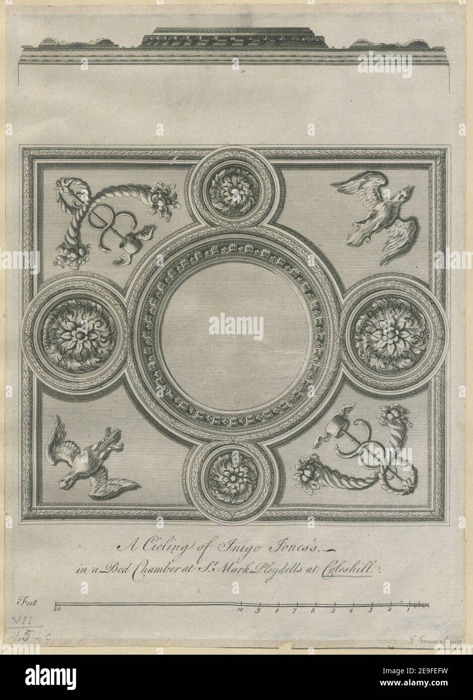 Eine Decke von Inigo Jone's. / in einer Bettenkammer bei Sr. Mark Pleydells in Coleshill. Autor Couse, J. 7,45.c. Art des Artikels: 1 Druck Medium: Radierung und Gravur Maße: Blatt 28,8 x 20,7 cm (im Plattenmark geschnitten) ehemaliger Besitzer: George III, König von Großbritannien, 1738-1820 Stockfoto