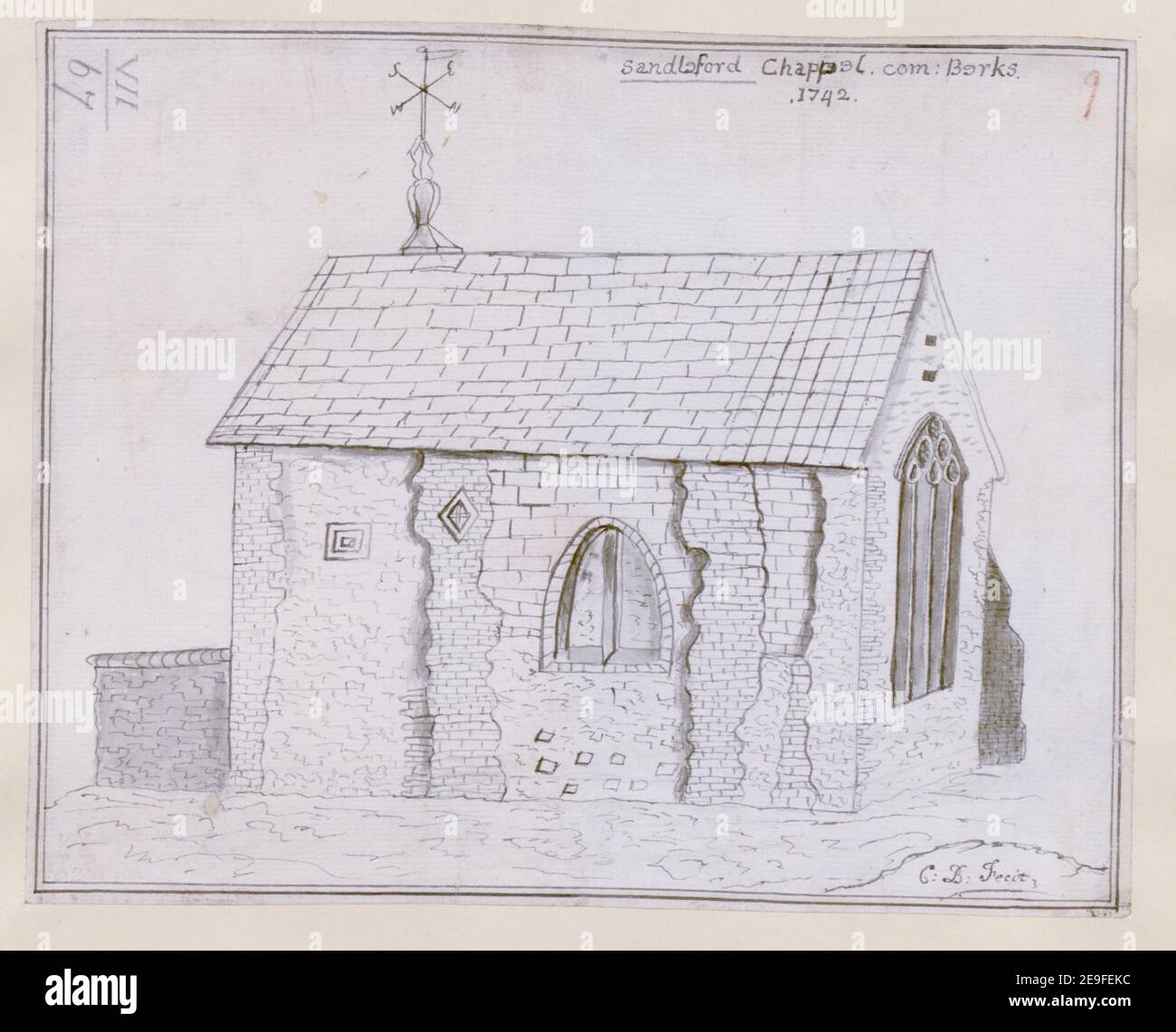 Sandleford Chappel comm: Berks 1742. Autor C. B. 7,67. Erscheinungsdatum: 1742 [oder danach] Artikeltyp: 1 Zeichnung Medium: Feder und schwarze Tinte Maße: Blatt 15,9 x 19,8 cm Ex-Besitzer: George III, King of Great Britain, 1738-1820 Stockfoto