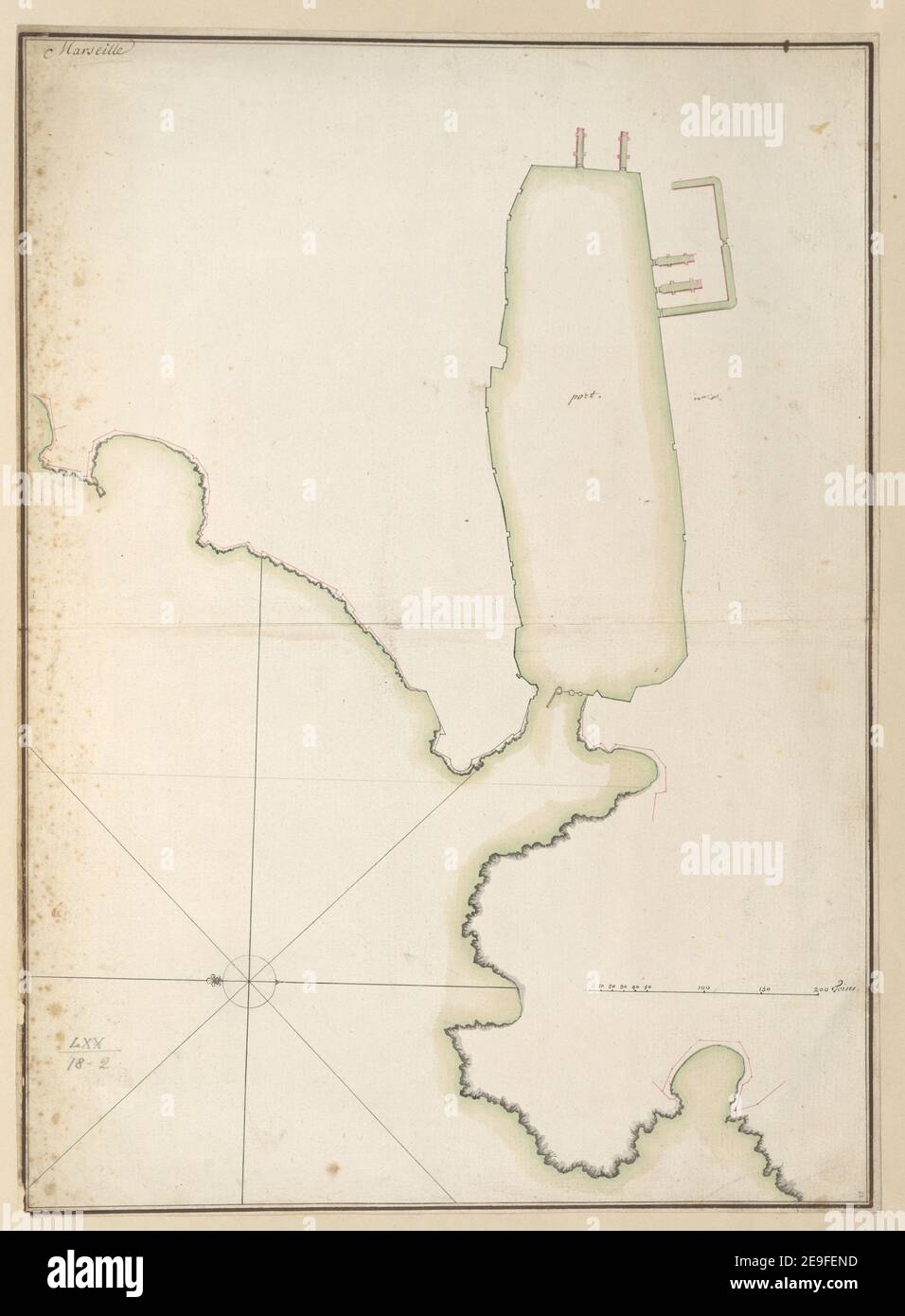 Plan von Marseille Hafen . Karteninformationen: Titel: [Plan des Hafens von Marseille]. 70,18.2. Erscheinungsort: [Frankreich] Verlag: [Unbekannter Produzent] Erscheinungsdatum: [1680 c.] Art des Artikels: 1 Karte Medium: Feder und Tinte mit farbiger Wäsche Maße: 52,2 x 37,8 cm ehemaliger Besitzer: George III, König von Großbritannien, 1738-1820 Stockfoto