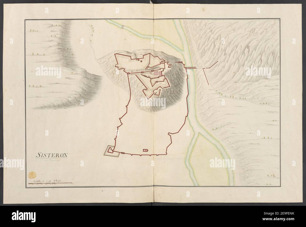 Sisteron. Karteninformationen: Titel: Sisteron. 70,24. Erscheinungsort: [Frankreich] Verlag: [Unbekannter Produzent] Erscheinungsdatum: [1650 c.] Art des Artikels: 1 Karte Medium: Feder und Tinte mit Waschmittel Maße: 41,9 x 63,4 cm ehemaliger Besitzer: George III, König von Großbritannien, 1738-1820 Stockfoto