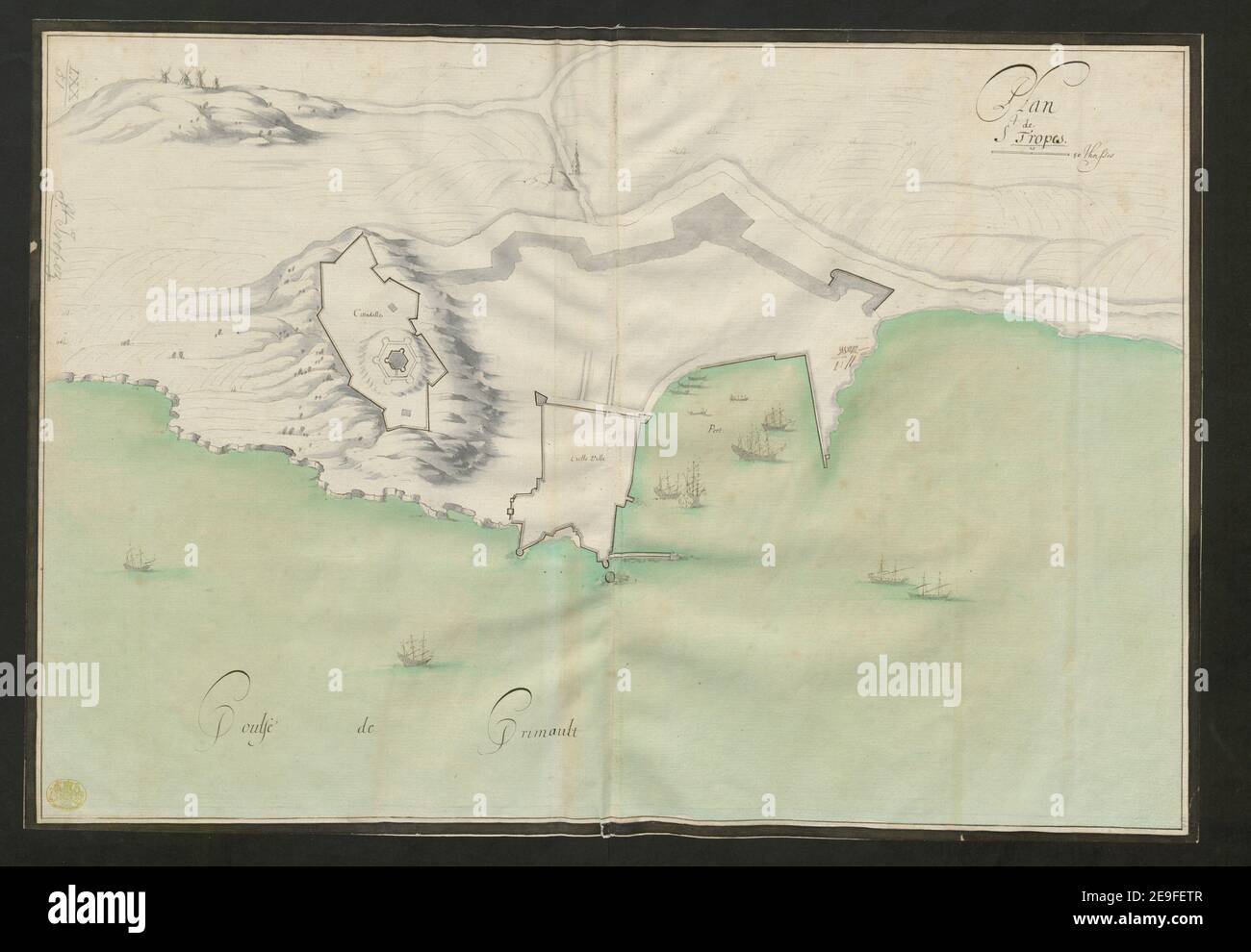 Plan de St. Tropez. Karteninformationen: Titel: Plan de St. Tropez. 70,51. Erscheinungsort: [Frankreich] Verlag: [Unbekannter Produzent] Erscheinungsdatum: [1660 c.] Art des Artikels: 1 Karte Medium: Feder und Tinte mit farbiger Wäsche Maße: 46,2 x 61,5 cm ehemaliger Besitzer: George III, König von Großbritannien, 1738-1820 Stockfoto