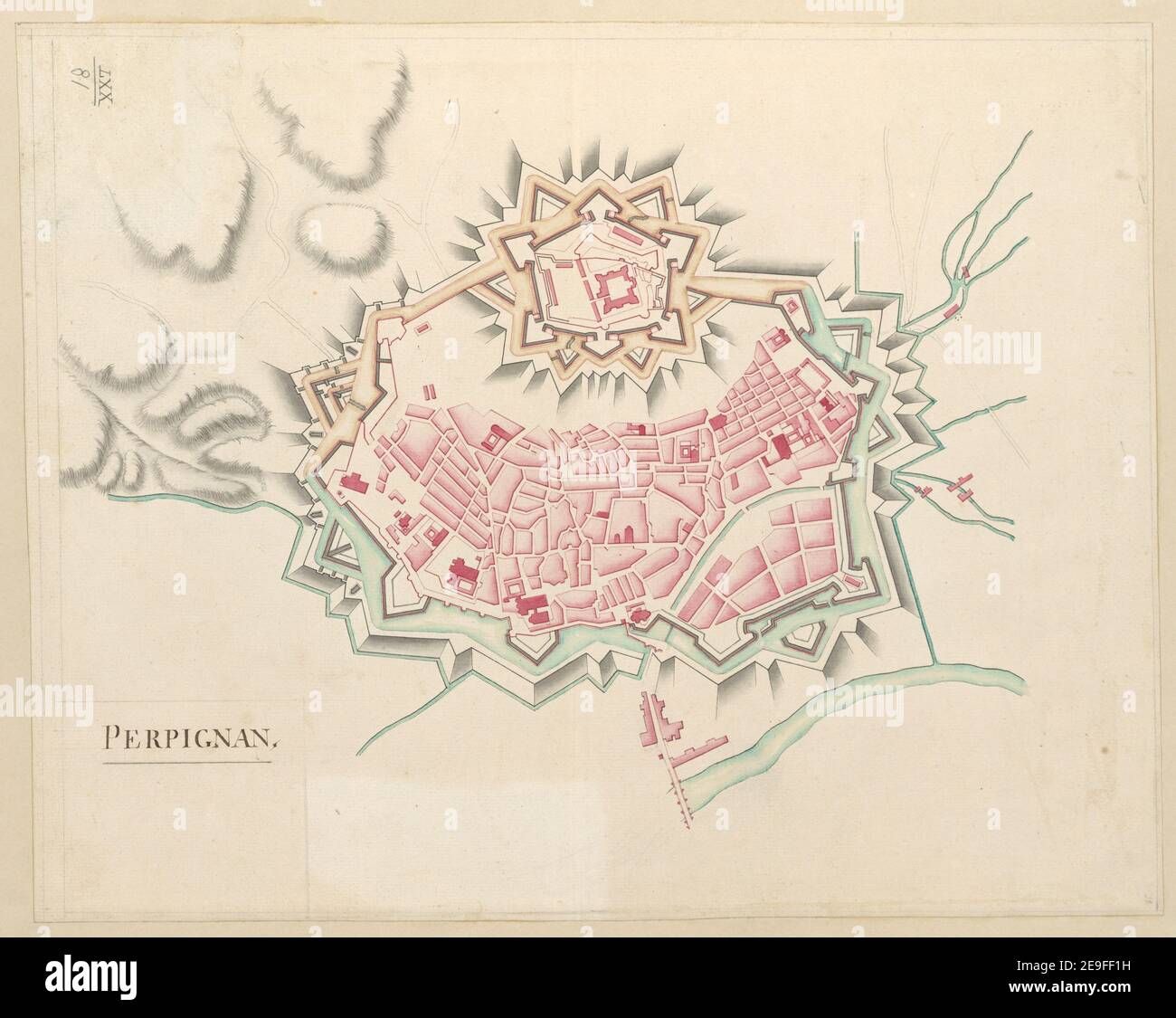 Perpignan. Karteninformationen: Titel: Perpignan. 70,81. Erscheinungsort: [Frankreich] Verlag: [Unbekannter Produzent]., Erscheinungsdatum: [1700 c.] Art des Artikels: 1 Karte Medium: Feder und Tinte mit farbiger Wäsche Maße: 33,4 x 42,0 cm ehemaliger Besitzer: George III, König von Großbritannien, 1738-1820 Stockfoto