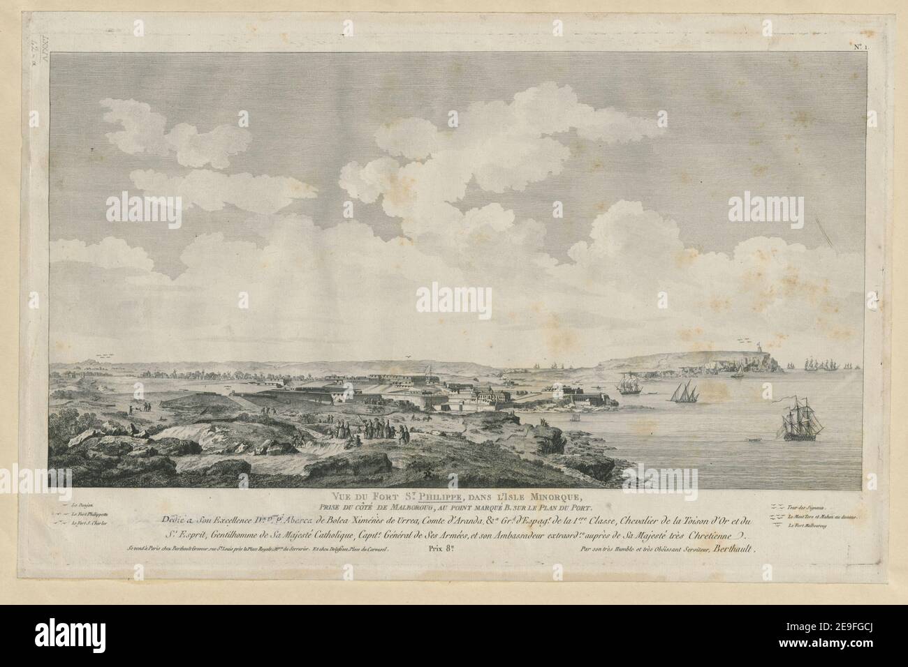 VUE DU FORT ST. PHILIPPE, DANS L'ISLE MINORQUE Autor Berthault, Pierre Gabriel 74,42.a. Erscheinungsort: [Paris] Verlag: SE vend aÃÄ Paris chez Berthault Graveur, rue St. Louis preÃÄs la Place Royale, Mo. du Serrurier. Et chez Delafosse, Place du Carousel, Erscheinungsdatum: [Um 1782] Art des Artikels: 1 Druck Medium: Gravur und Radierung Maße: Plattenmark 30,7 x 49,3 cm, auf Blatt 32,9 x 50,2 cm ehemaliger Besitzer: George III., König von Großbritannien, 1738-1820 Stockfoto