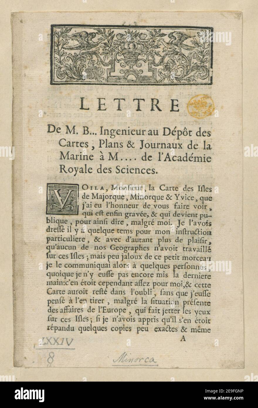 LETTRE DE M. B... Ingenieur au DeÃÅpoÃÇt des Cartes, Plans & Journaux de la Marine aÃÄ M... De l'AcadeÃÅmie Royale des Sciences. Autor Bellin, Jacques Nicolas 74,8.2. Erscheinungsort: [Paris] Verlag: [Jacques Nicolas Bellin] Erscheinungsdatum: [Ca. 1740.] Art des Artikels: 1 Heft ((8) Seiten) Maße: 17 x 11 cm ehemaliger Besitzer: George III., König von Großbritannien, 1738-1820 Stockfoto