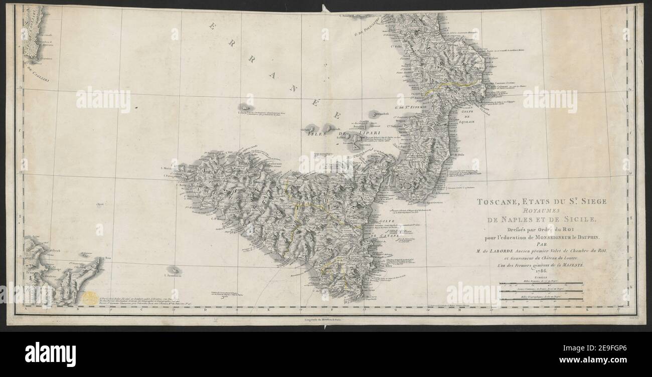 TOSCANE, ETATS DU ST. BELAGERUNG ROYAUMES DE NEAPEL ET DE SICILE. Dre√üeÃÅe par Ordre du ROI pour l'Education de MONSEIGNEUR DAUPHIN. Autor Laborde, Jean-Joseph 75,101. Erscheinungsort: A Paris Verlag: chez Didot fils aineÃÅ et Jombert cadet, Libraires, rue Dauphine. Et chez Perrier, Dessinateur, Graveur, en Geographie et Topographie, rue des FosseÃÅs S. Germain l'Auxerrois, preÃÄs l'ancienne poste aux Chevaux, Mo. du Patissier, No. 47. Erscheinungsdatum: [1786] Objekttyp: 1 Karte Medium: Handkolorierter Kupferstich, auf zwei verbundenen Blättern Dimensi Stockfoto