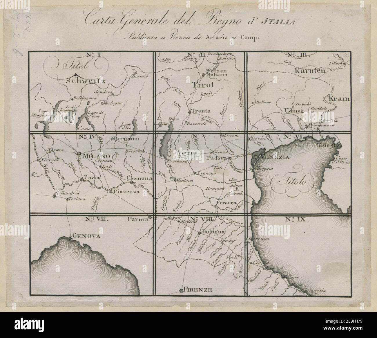 Carta Generale del Regno d'ITALIA Karteninformationen: Titel: Carta Generale del Regno d'ITALIA 75,87.2.B. Erscheinungsort: Publicata a Vienna Verlag: Da Artaria et Comp: Erscheinungsdatum: [1805] Objekttyp: 1 Karte Medium: Kupferstich Maße: 18,5 x 24,4 cm Ex-Besitzer: George III, King of Great Britain, 1738-1820 Stockfoto