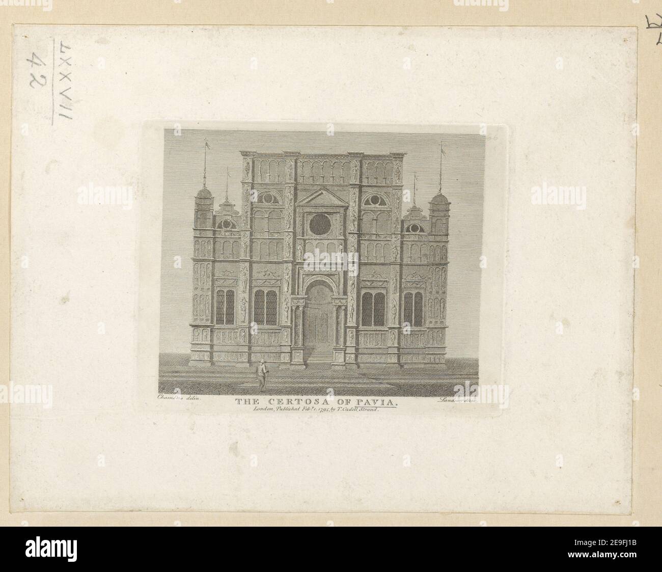 DIE CERTOSA VON PAVIA. Autor Landseer, John 77,42. Erscheinungsort: [London] Verlag: [Thomas Cadell] Erscheinungsdatum: [1795] Objekttyp: 1 Druckmedium: Radierung Maße: Platemark 10,5 x 13,4 cm, auf Blatt 17,6 x 22,4 cm Ex-Besitzer: George III, King of Great Britain, 1738-1820 Stockfoto