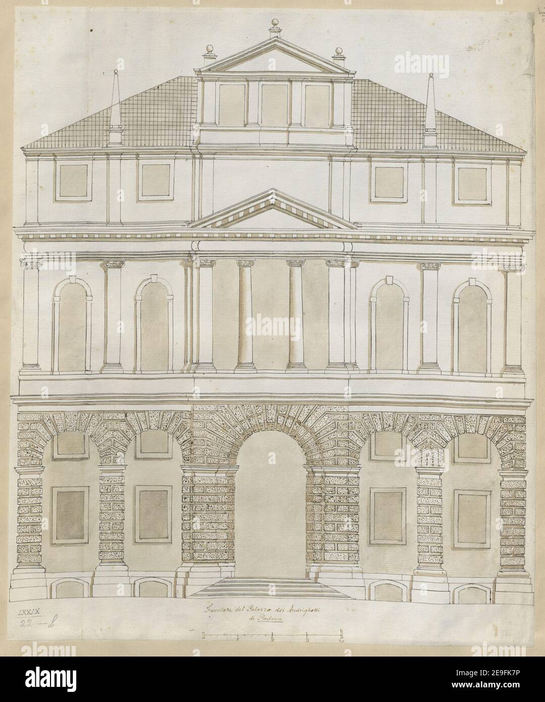 Facciata del Palazzo dei Andrighetti di Padova. Visuelle Materialinformationen: Titel: Facciata del Palazzo dei Andrighetti di Padova. 79,22.b Erscheinungsdatum: [Zwischen 1600 und 1700] Artikeltyp: 1 Zeichnung Medium: Braune Tinte und Waschmittel Maße: Blatt 49,5 x 41,2 cm Ex-Besitzer: George III, King of Great Britain, 1738-1820 Stockfoto