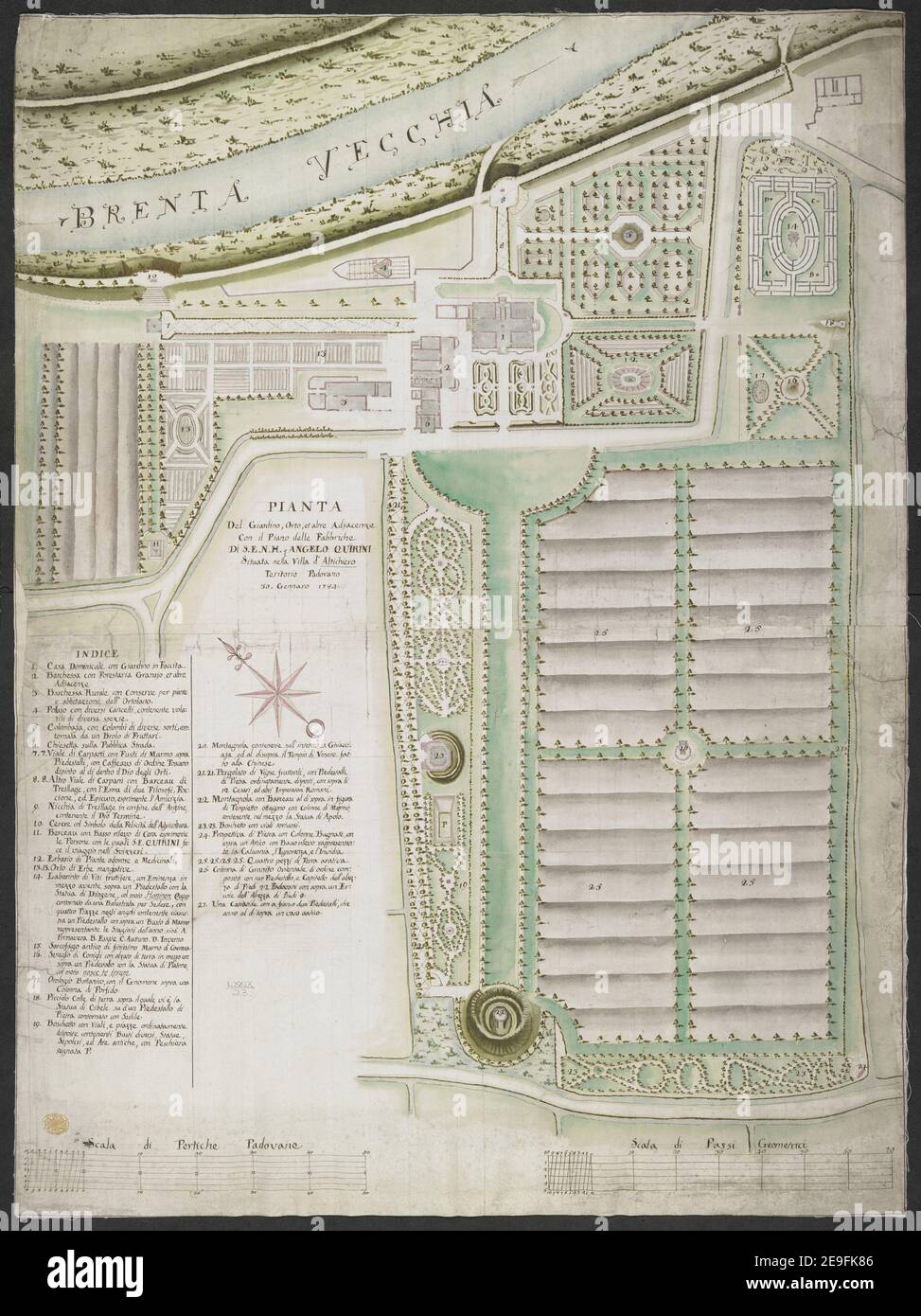 PIANTA Del Giardino, Orto, et altre adjacente con il Piano delle Fabbriche Di S. E. M. H. ANGELO QUIRINI Sittuata nella Villa d'Altichiero Territorio Padovano 30. Gennaro 1784. Karteninformationen: Titel: PIANTA Del Giardino, Orto, et altre adjacente con il Piano delle Fabbriche Di S. E. M. H. ANGELO QUIRINI Sittuata nella Villa d'Altichiero Territorio Padovano 30. Gennaro 1784. 79,23. Veröffentlichungsort: [Padua?] Verlag: [Produzent nicht identifiziert] Erscheinungsdatum: 1784. Objekttyp: 1 Karte auf 2 Blatt Medium: Verbunden und auf Leinen gelegt, Handschriftenschreiber an Stockfoto