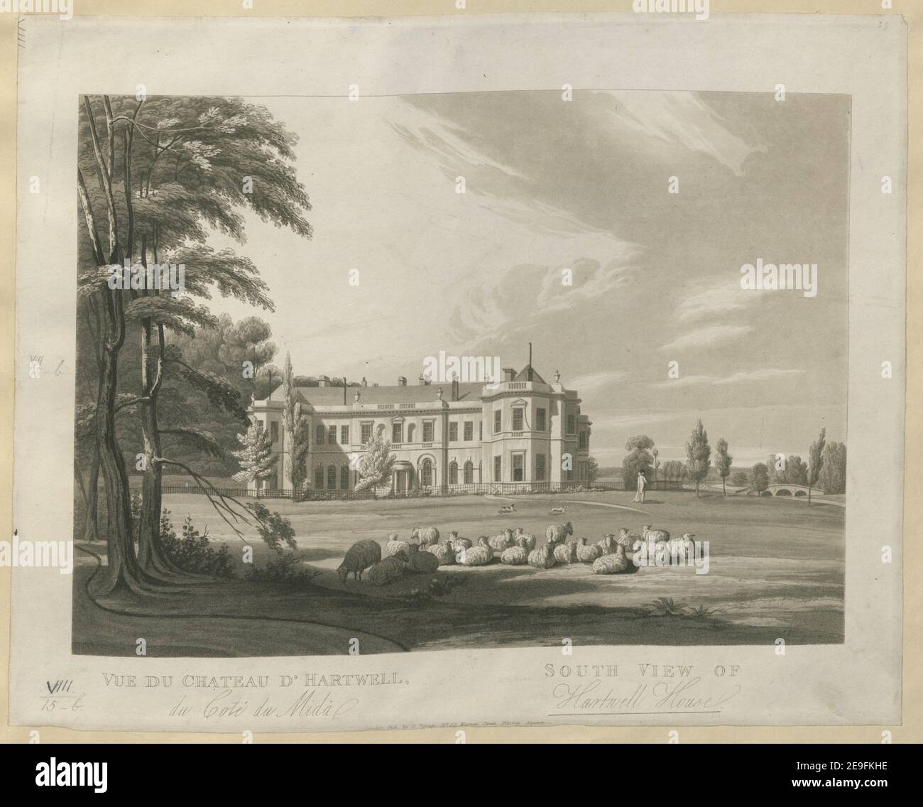 Vue du Chateau d'Hartwell, du CoteÃÅ du Midi. Visuelle Materialinformationen: Titel: Vue du Chateau d'Hartwell, du CoteÃÅ du Midi. ; 8,15.B. Erscheinungsort: London Verlag: Pub by C. Turner Nr. 50, Warren Street, Fitzroy Square., Erscheinungsdatum: [1814.] Art des Artikels: 1 Druck Medium: Radierung und Aquatinta Maße: Blatt 31,9 x 40,6 cm [im Plattenmark beschnitten] ehemaliger Besitzer: George III., König von Großbritannien, 1738-1820 Stockfoto