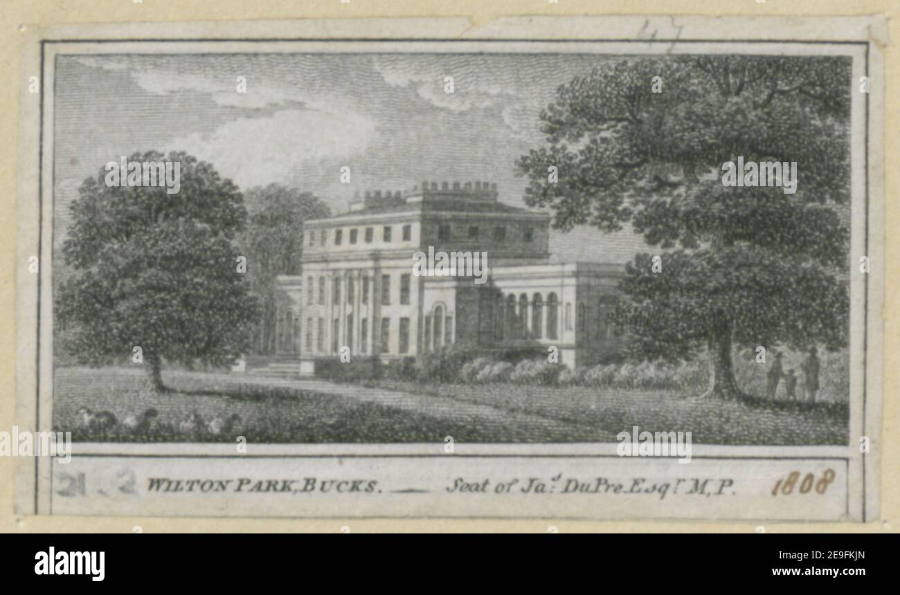 Wilton Park, Bucks. Sitz von Ja.s Dupre Esq.r M.P. Bildmaterialinformation: Titel: Wilton Park, Bucks. - Sitz von Ja.s Dupre Esq.r M.P. 8,21.2. Ort der Veröffentlichung: [London] Verlag: [W. Peacock]., Erscheinungsdatum: [1808] Objekttyp: 1 Druckmedium: Radierung Maße: Blatt 3,8 x 6,3 cm [getrimmt innerhalb Plattenmark]. Ehemaliger Besitzer: George III., König von Großbritannien, 1738-1820 Stockfoto