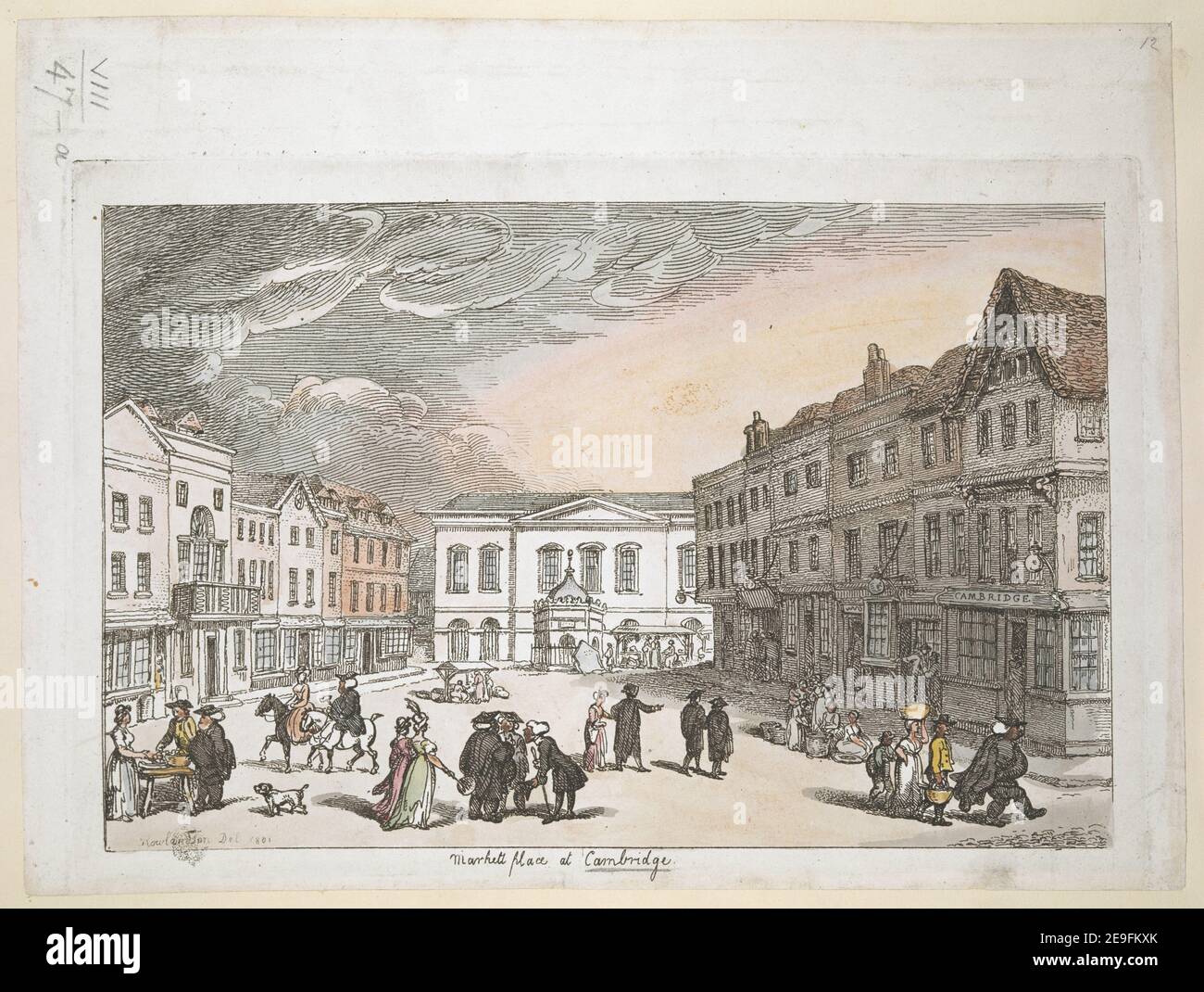 Marktplatz in Cambridge. Autor Rowlandson, Thomas 8,47.a. Erscheinungsort: [England] Verlag: [Verlag nicht identifiziert] Erscheinungsdatum: 1801. Art des Artikels: 1 Druckmedium: Radierung mit Handkolorierung Maße: Blatt 20,3 x 27 cm ehemaliger Besitzer: George III, König von Großbritannien, 1738-1820 Stockfoto