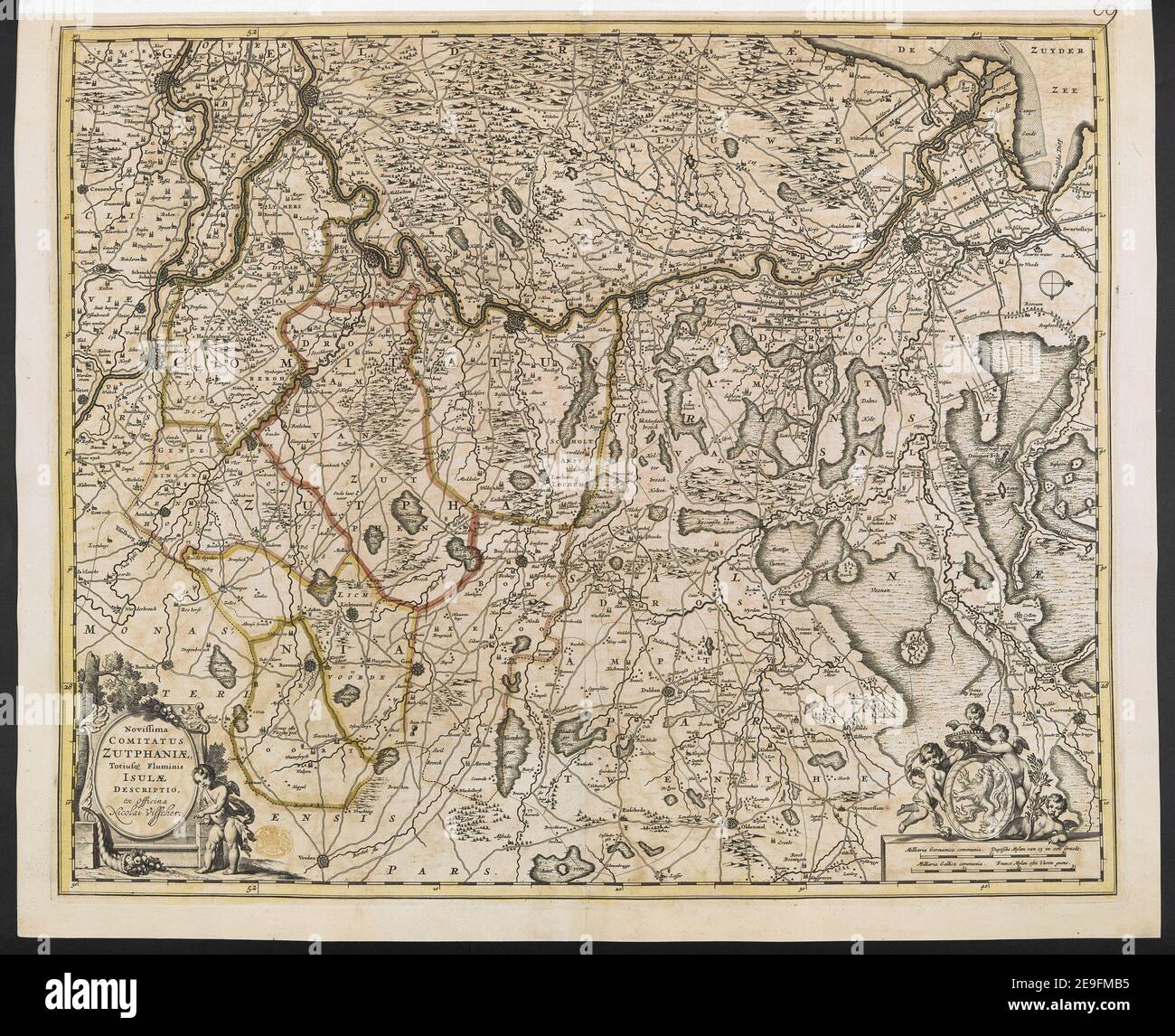 ZUTPHANI√Ü Tiusqe Fluminis DESCRIPTIO√Ü Autor Visscher, Nicolaes 108,40. Erscheinungsort: [Amsterdam] Verlag: [Nicolas Visscher] Erscheinungsdatum: [1684 c.] Objekttyp: 1 Karte auf zwei Blättern Medium: Handkolorierter Kupferstich Maße: 44,5 x 54,2 cm ehemaliger Besitzer: George III, König von Großbritannien, 1738-1820 Stockfoto