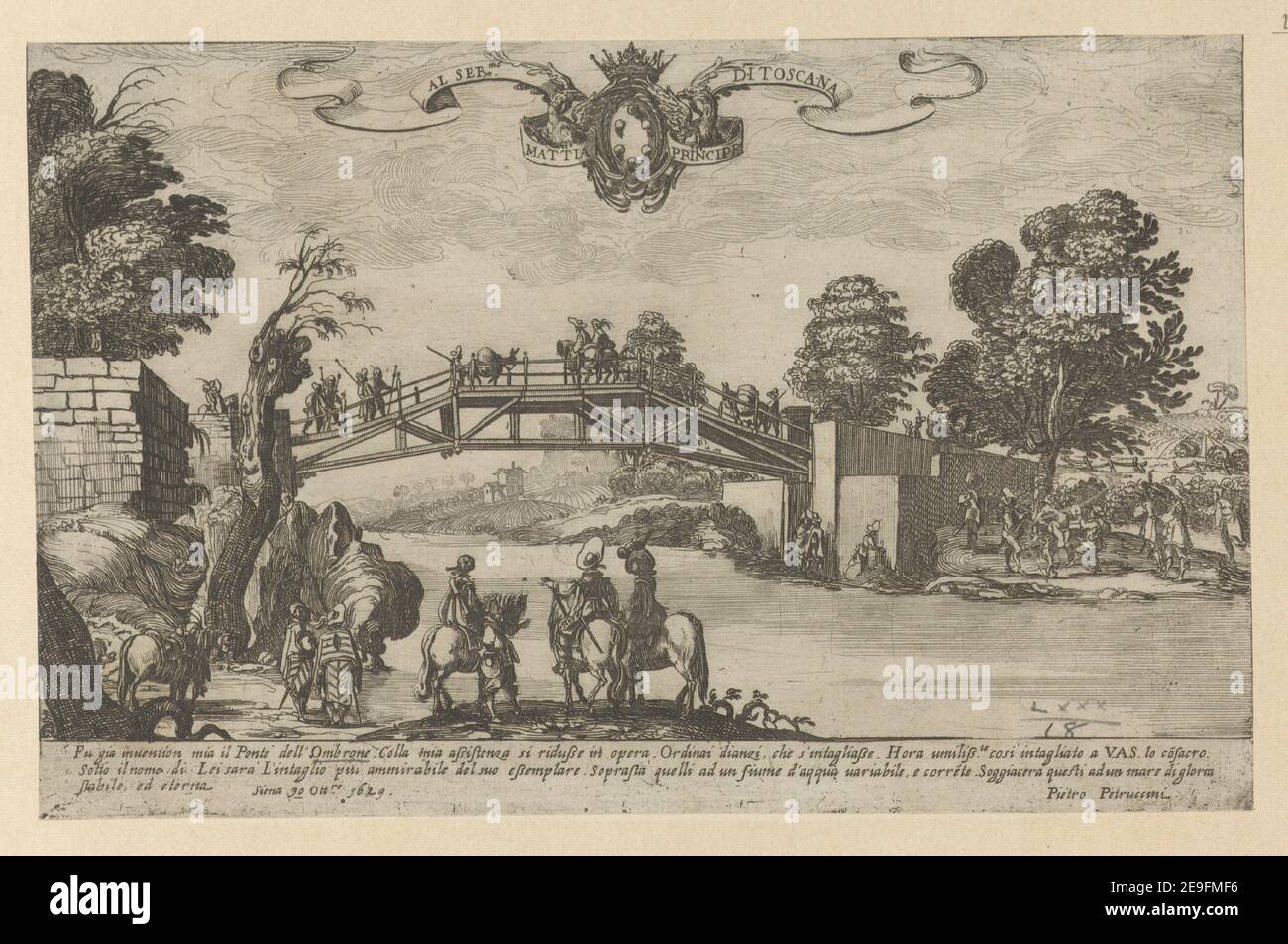 Brücke über die Ombrone Autor Capitelli, Bernardino 80,18. Ort der Veröffentlichung: [Siena?] Herausgeber: [Pietro Petruccini?] Veröffentlichungsdatum: [1629] Art der Artikel: 1 Druckmedium: Radierung Maße: Blatt 15,9 x 24,8 cm (getrimmt unter Plattenmark) ehemaliger Besitzer: George III., König von Großbritannien, 1738-1820 Stockfoto