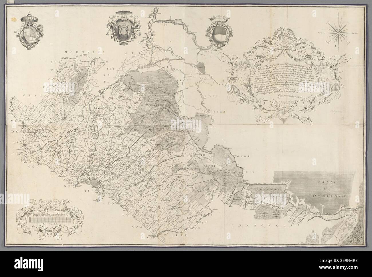 Carta topografica di tutta la pianura del Bolognese cavata dalla carta da me Andrea Chiesa stampata dell'anno 1742, e in parte del Rerrarese, e del Ravegnano, desunta, rispetto alle valli di Marmorta, e di Argenta, Author Chiesa, Andrea 80,58. Erscheinungsort: Cento Verlag: [Andrea Chiesa] Erscheinungsdatum: primo Aprile 1762. Artikeltyp: 1 Karte auf 4 Blatt (zusammengefügt) Maße: 100 x 149 cm, Blätter 50 x 75 cm ehemaliger Besitzer: George III, König von Großbritannien, 1738-1820 Stockfoto