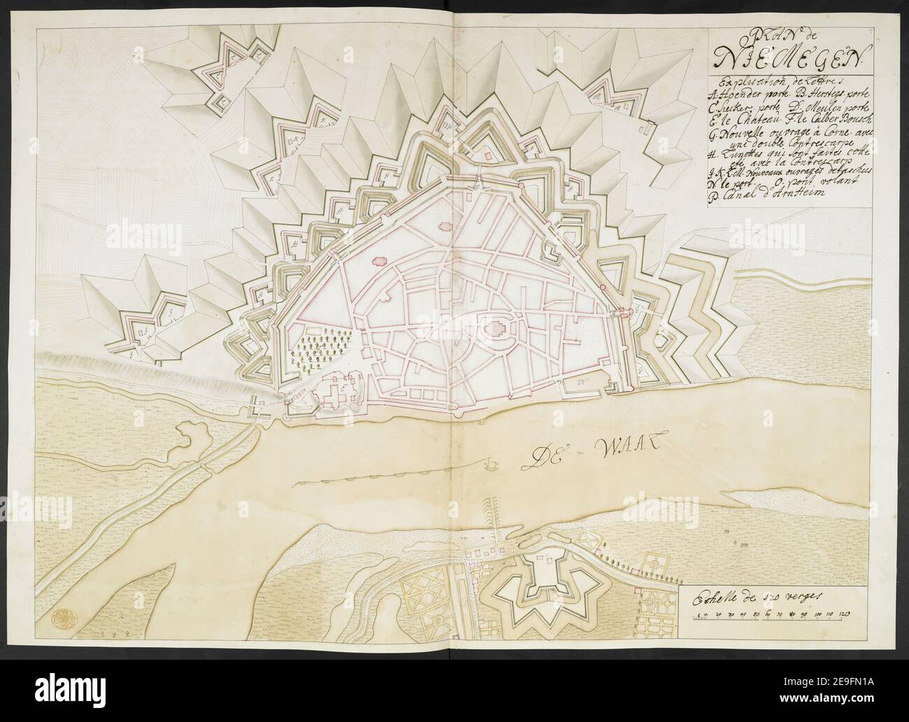 NIEMEGEN-PLAN. Karteninformation: Titel: PLAN de NIEMEGEN. 108,55.  Veröffentlichungsdatum: 1710 c. Objekttyp: 1 Karte Medium: Feder- und  Tuschezeichnung mit farbiger Wäsche Maße: 49,2 X 67,2 cm ehemaliger  Besitzer: George III, König von Großbritannien ...