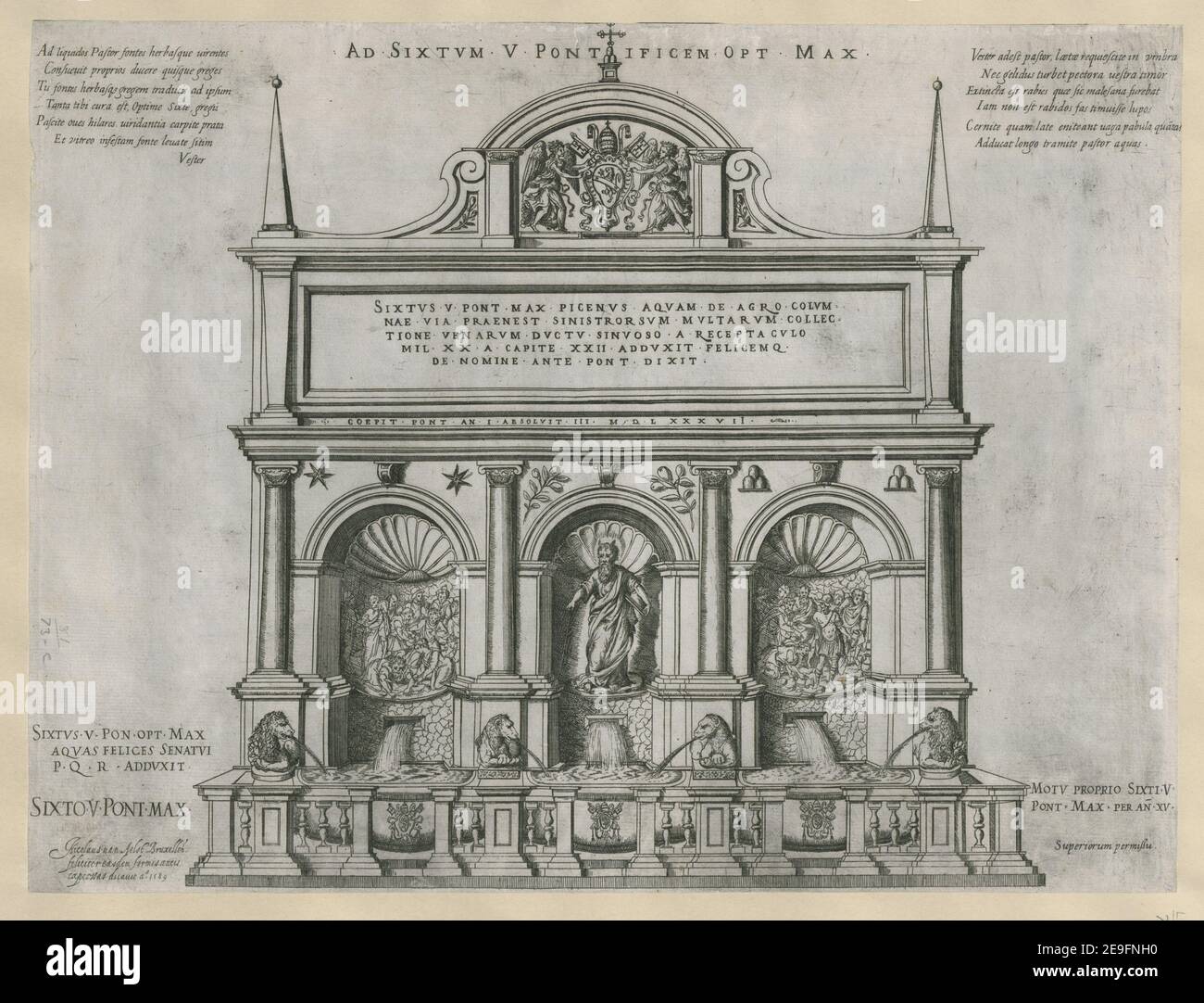 Fontana dell'Acqua Felice Autor Aelst, Nicolaus van 81,73.c. Erscheinungsort: [Rom] Verlag: Nicolaus van Aelst Bruxellen. Felicitur easdem formis √¶neis expressas dicauit Erscheinungsdatum: ao. 1589 Artikelnummer: 1 Druckmedium: Radierung Maße: 35,4 x 46,7 cm ehemaliger Besitzer: George III, König von Großbritannien, 1738-1820 Stockfoto