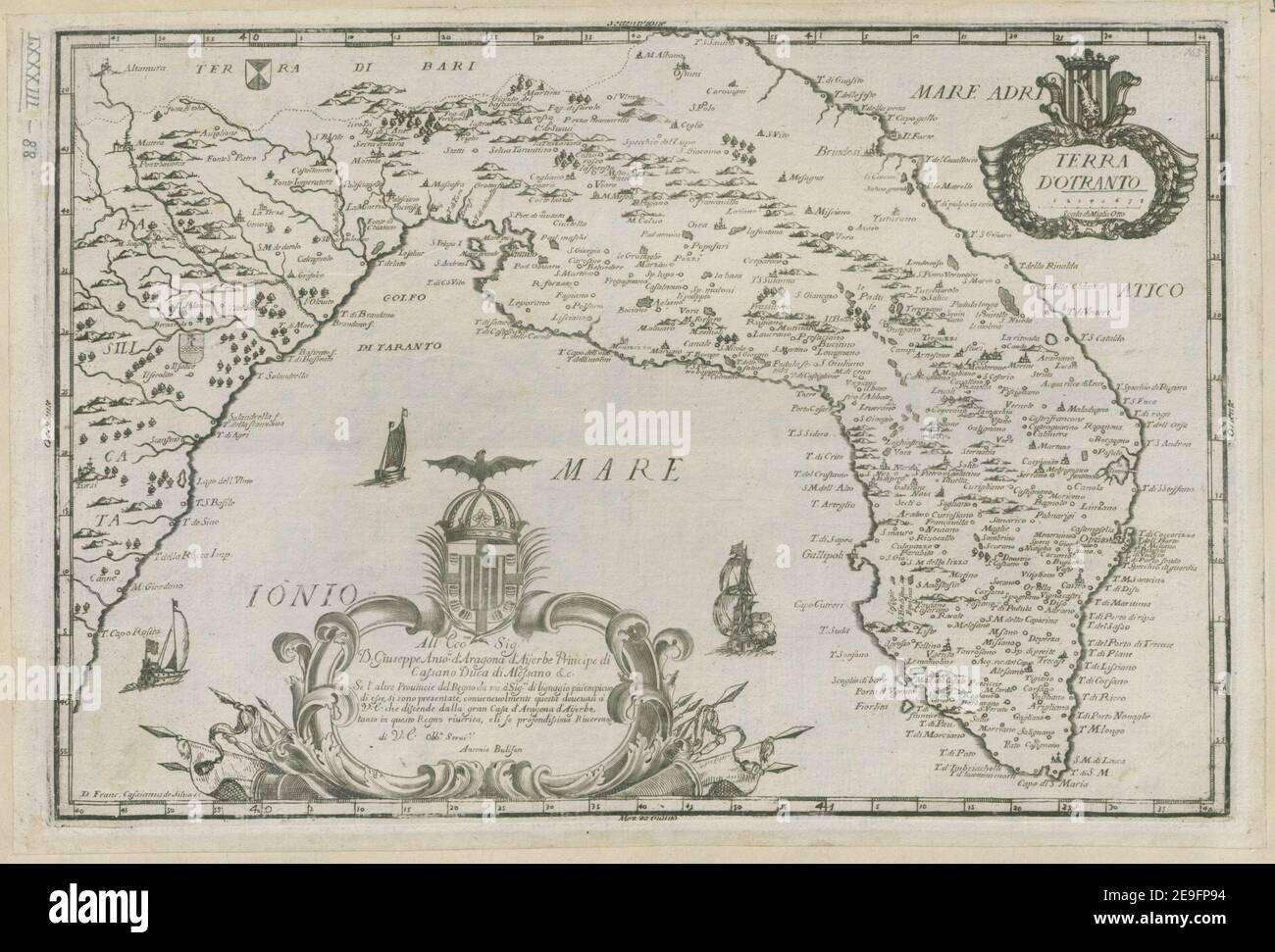 TERRA D'OTRANTO Autor Cassiano de Silva, Francesco 83,88. Erscheinungsort: [Naples] Verlag: [Antonio Bulifon or successors] Erscheinungsdatum: [1692 oder höher] Objekttyp: 1 Karte Medium: Kupferstich Maße: 19,9 x 30,4 cm Ex-Besitzer: George III., King of Great Britain, 1738-1820 Stockfoto