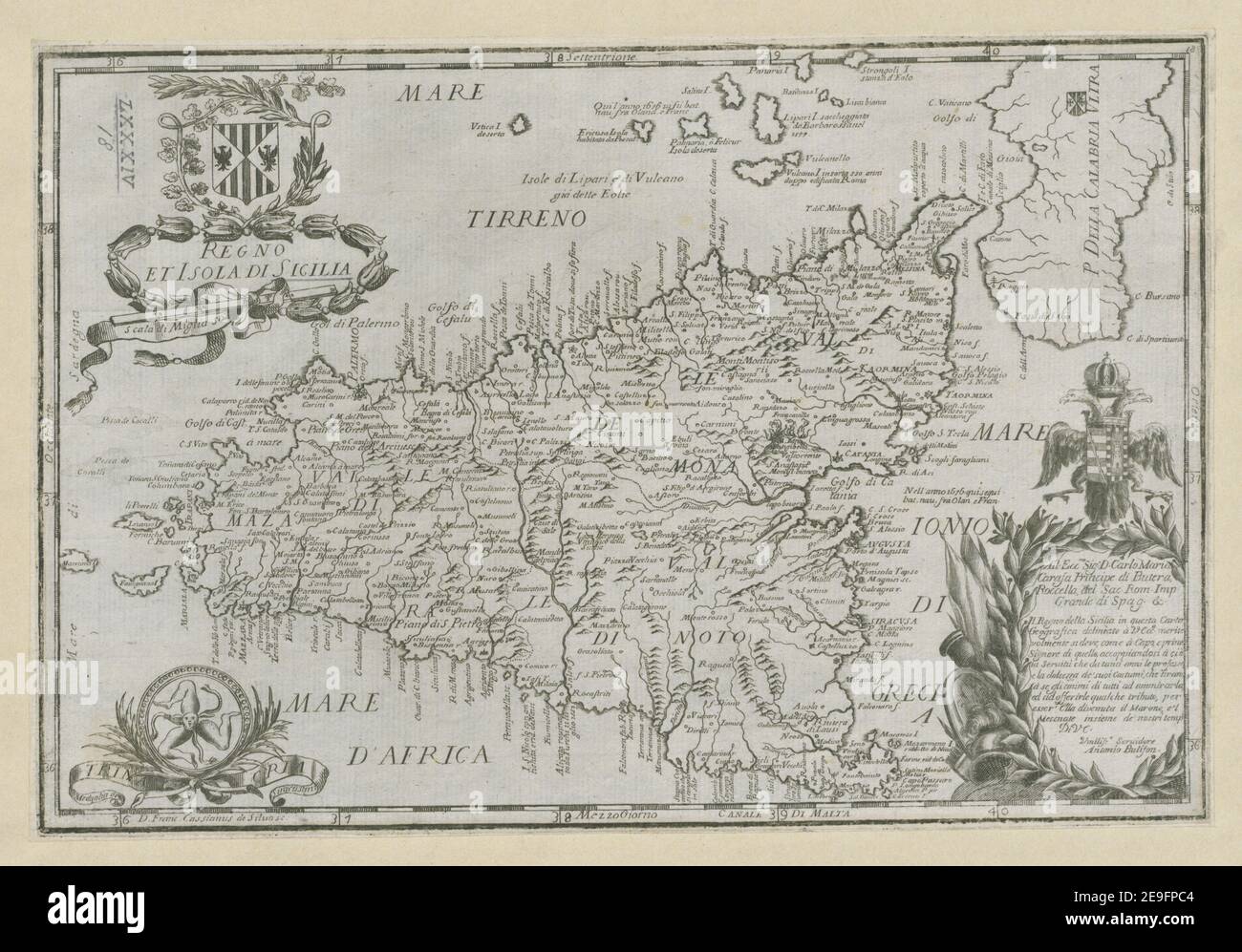 Regno et isola di Sicilia Autor Cassiano de Silva, Francesco 84,18. Erscheinungsort: [Naples] Verlag: [Antonio Bulifon or successors] Erscheinungsdatum: [1692 oder höher] Objekttyp: 1 Karte Medium: Kupferstich Maße: 15,4 x 30,8 cm Ex-Besitzer: George III., King of Great Britain, 1738-1820 Stockfoto