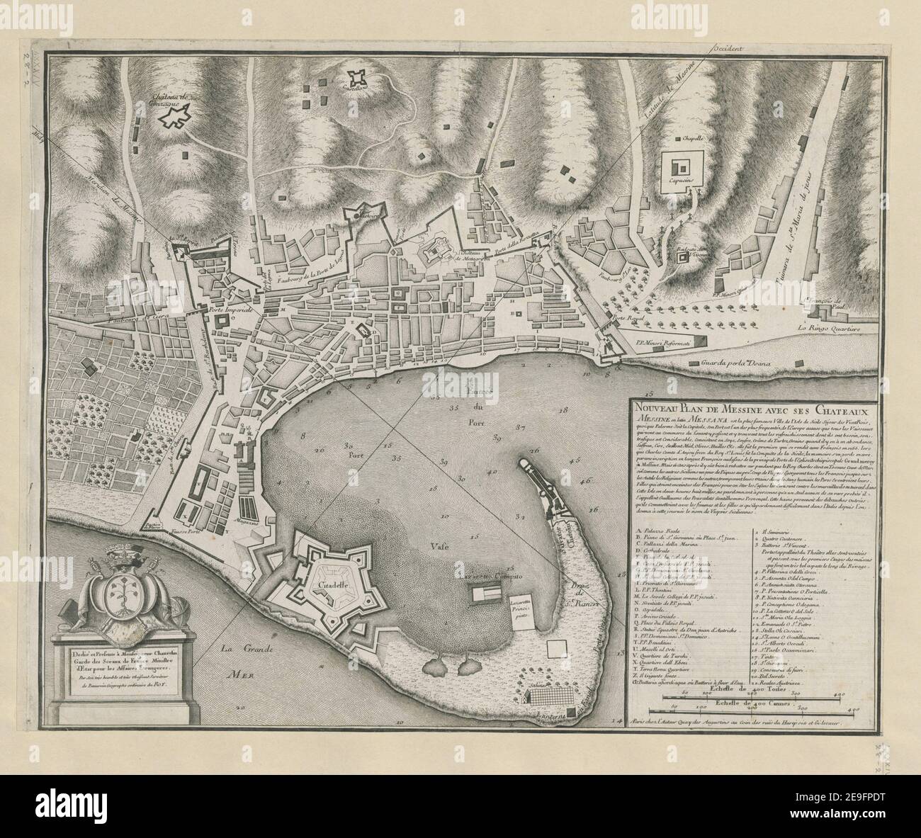 Nouveau Plan de Messine avec ses chateaux. Autor Beaurain, Jean de 84,28.2. Erscheinungsort: A Paris Verlag: chez l'auteur, Quay des Augustins au coin des rues du Hurep oix et Gi. lecoeur, Erscheinungsdatum: [c. 1760] Objekttyp: 1 Karte Größe: 41 x 51 cm ehemaliger Besitzer: George III., König von Großbritannien, 1738-1820 Stockfoto