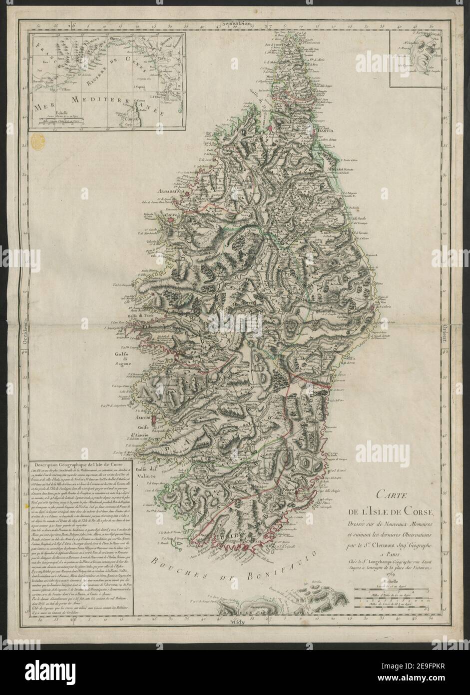 Carte de l'Isle de Corse. Autor Clermont, Jacques 84,68. Erscheinungsort: A Paris Verlag: cheÃÅs le Sr. Longchamps, geÃÅographe, rue Saint Jaques a lenseigne de la Place des Victoire, Erscheinungsdatum: 1769. Art des Artikels: 1 Karte Medium: Handfarbig Abmessungen: 75 x 53 cm zu Platte. Ehemaliger Besitzer: George III., König von Großbritannien, 1738-1820 Stockfoto