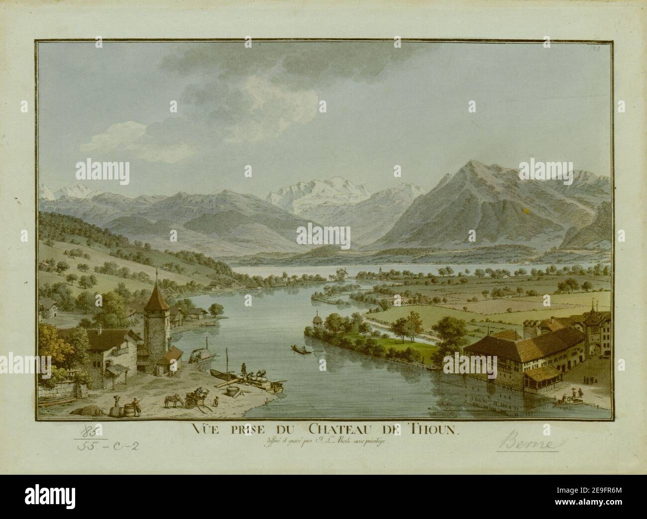 VUE PRY DU CHATEAU DE THOUN. Autor Aberli, Johann Ludwig 85,55.c,2. Ort der Veröffentlichung: [Bern?] Verlag: [Verlag nicht identifiziert] Erscheinungsdatum: [1766] Artikeltyp: 1 Print Medium: Handkolorierte Radierung Maße: Blatt 23,6 x 32,5 cm ehemaliger Besitzer: George III., König von Großbritannien, 1738-1820 Stockfoto