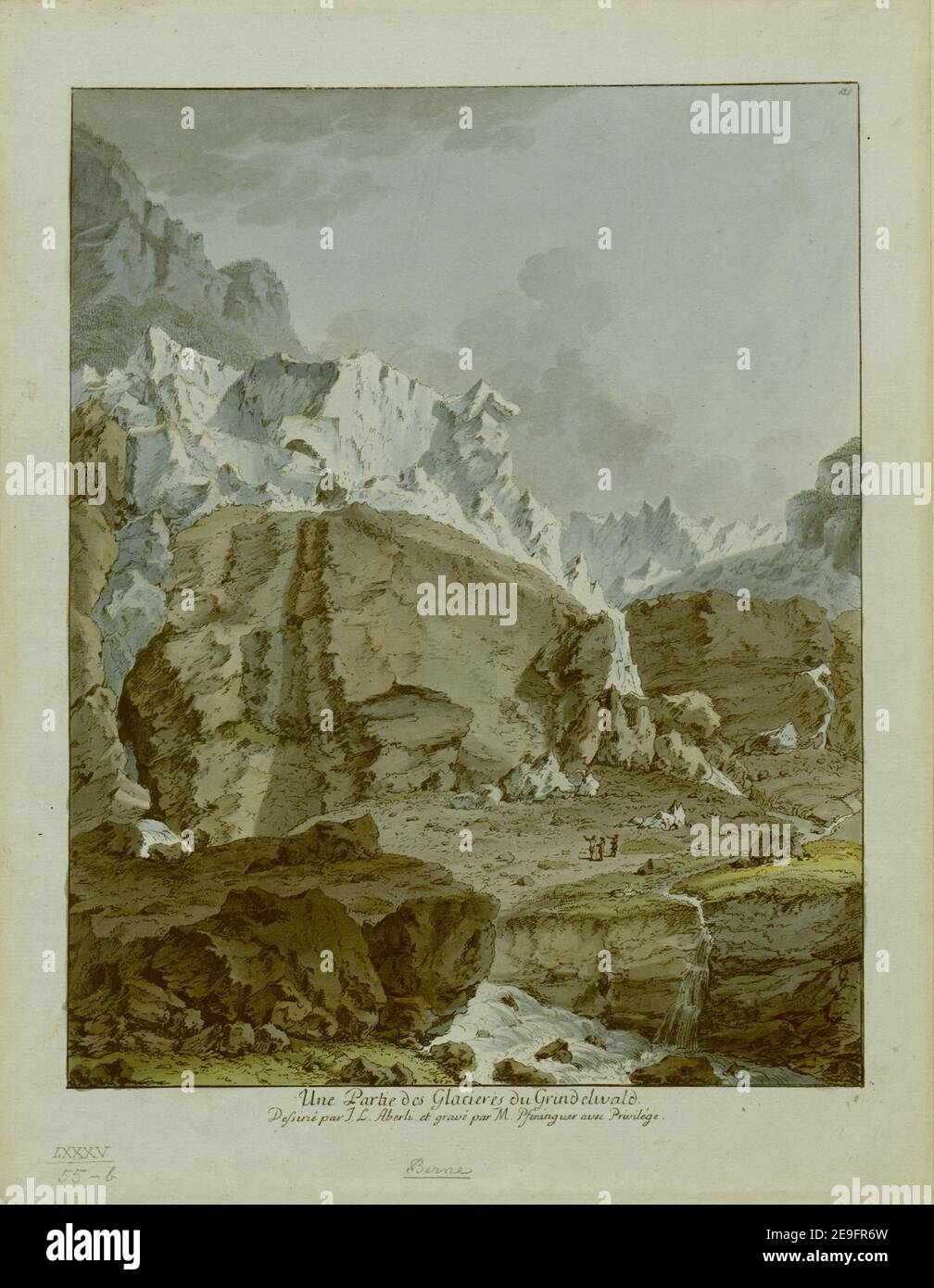 Une Partie des Glacieres du Grindelwald. Autor Pfenninger, Matthias 85,55.B. Ort der Veröffentlichung: [Bern?] Verlag: [Verlag not identified] Erscheinungsdatum: [1768] Art der Publikation: 1 Print Medium: Handkolorierte Radierung Maße: Blatt 36 x 27,9 cm (getrimmt unter Platemark) ehemaliger Besitzer: George III., König von Großbritannien, 1738-1820 Stockfoto