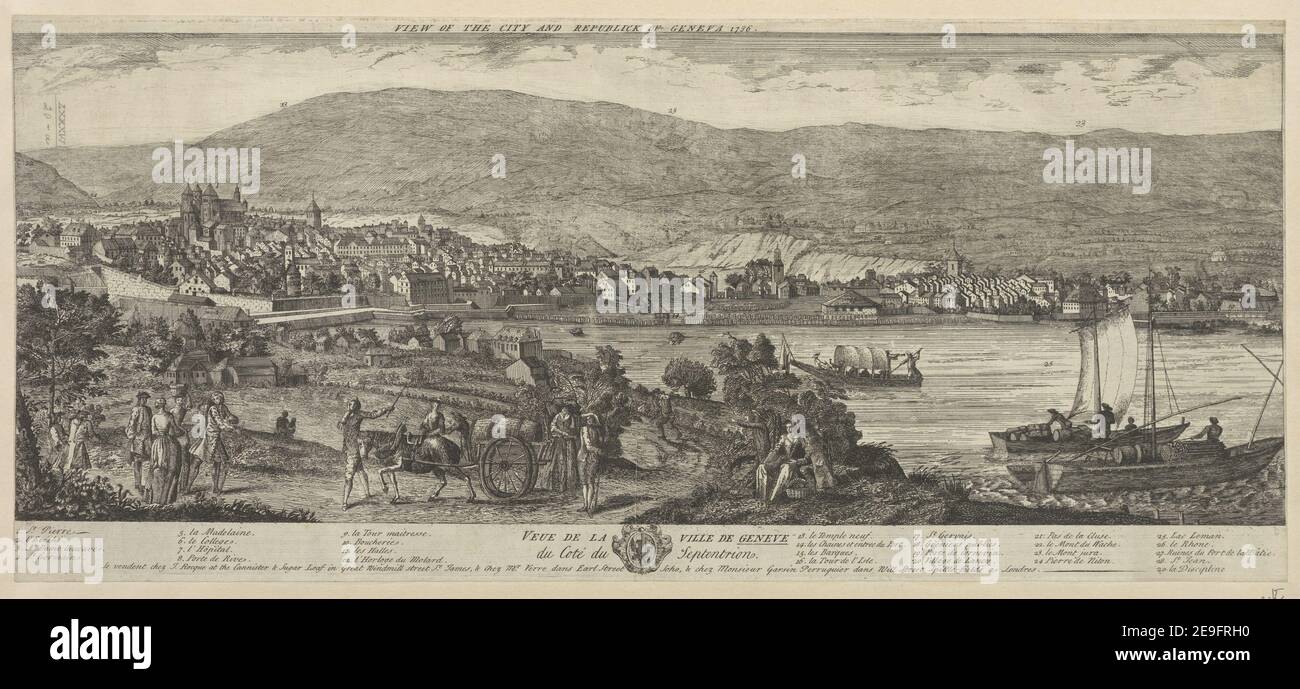 Vue de la ville de Geneve du coteÃÅ du septentrion = visuelle Materialinformationen: Titel: Vue de la ville de Geneve du coteÃÅ du septentrion = 86,20.a. Erscheinungsort: [London] Verlag: se vendent chez J. Rocque at the Cannister , Sugar Loaf in Great Windmill Street, St James, , chez Mr. Verre dans Earl Street, Soho, , chez Monsieur Garsin, perruquier dans Nill Street, Spittlefields, a Londres, Erscheinungsdatum: 1736. Art des Artikels: 1 Druck Medium: Gravur Maße: 27 x 60 cm (Schnitt unter Plattenmark) ehemaliger Besitzer: Georg III., König von Groß Brita Stockfoto