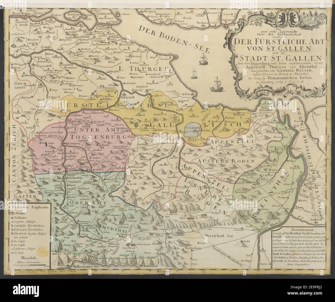 Die zweite erste zuverwandte Orte der Eidgnoschaft nemlich : der fuÃàrstliche Abt von St. Gallen und die Stadt St. Gallen samt dem Toggenburg, und den angraÃàenzenden Orte Appenzell, Thurgeu, und Rheintal Autor Walser, Gabriel 86,3. Erscheinungsort: [In NuÃàrnberg] Verlag: Im Verlag der HomaÃàennischen Erben in NuÃàrnberg, Erscheinungsdatum: 1768. Objekttyp: 1 Karte Medium: Handfarbig Maße: 47 x 57 cm ehemaliger Besitzer: George III, König von Großbritannien, 1738-1820 Stockfoto