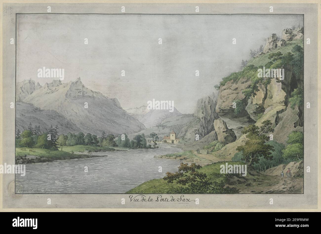 Vue de la Porte de Sax. Autor Linck, Jean-Antoine 86,34. Ort der Veröffentlichung: [Genf?] Verlag: [Herausgeber nicht identifiziert] Erscheinungsdatum: [Ca. 1796] Artikeltyp: 1 Print Medium: Handkolorierte Radierung und Aquatinta Maße: Blatt 24,5 x 37,6 cm (getrimmt unterhalb des Platemarks) ehemaliger Besitzer: George III., König von Großbritannien, 1738-1820 Stockfoto