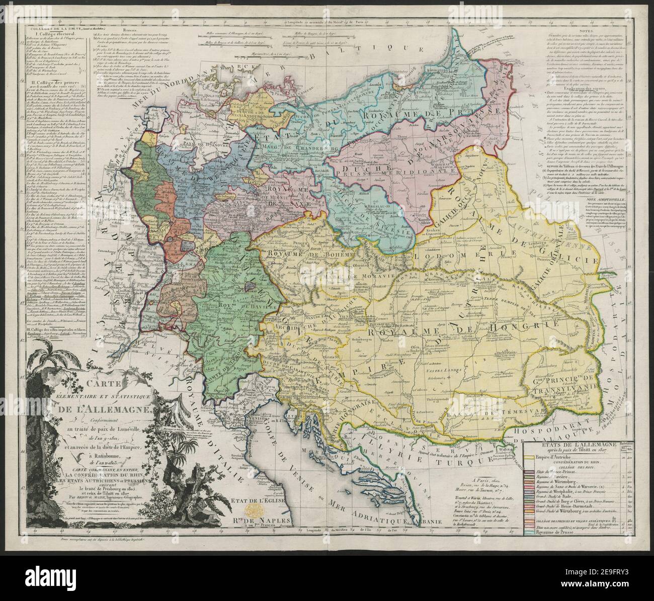 CARTE EÃÅLEÃÅMENTAIRE ET STATISTIQUE DE L'ALLEMAGNE Autor Brion de la Tour, Louis 87,48.1. Erscheinungsort: A PARIS ;et aÃÄ Strasbourg Verlag: chez Brion, rue de la Harpe, n.o 54 : Maire, rue de Tournon, n.o 7 : Treuttel et Wurtz, libraires, rue de Lille, n.o 17, enface TheÃÅatins : rue des Serruriers, : Bance l'aineÃÅ, rue S.t Denis n.o 214 : Constantin m. d. de tableaux, et dessins, rue S.t Lazare, n.o 52, au coin de celle de Rochefoucault, Erscheinungsdatum: [1807.] Art des Artikels: 1 Karte Medium: Kupferstich, Handfarbe Maße: 55 x 67 cm Stockfoto