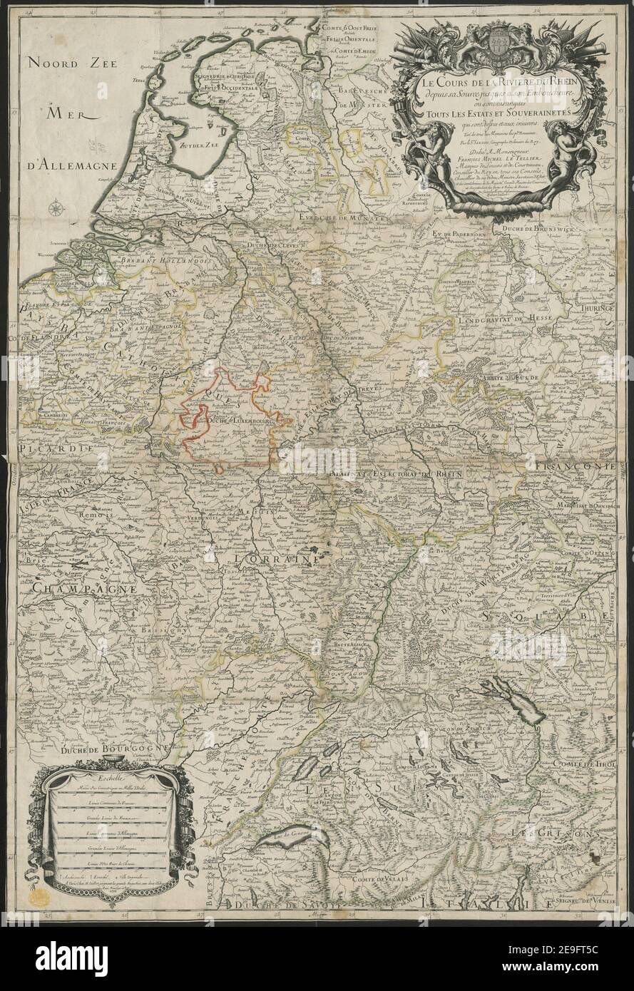 LE COURS DE LA RIVIERE DE RHEIN depuis sa Souece jusques ein Sohn Embouchure ou sont distingueÃÅs WIRBT FÜR LES ETATS et SOUVERANETES qui sont dessus et aux environs. Autor Jaillot, Alexis Hubert 88,20. Erscheinungsort: A Paris Verlag: Chez H. Jaillot, Joignant les grands Augustins, aux deux Globes Avec Privilege du Roy, Erscheinungsdatum: 1676. Objekttyp: 1 Karte auf 2 Blatt Medium: Leinen verbunden und gelegt, Kupferstich, Handfarbe im Umriss Maße: 84 x 56 cm ehemaliger Besitzer: George III, König von Großbritannien, 1738-1820 Stockfoto