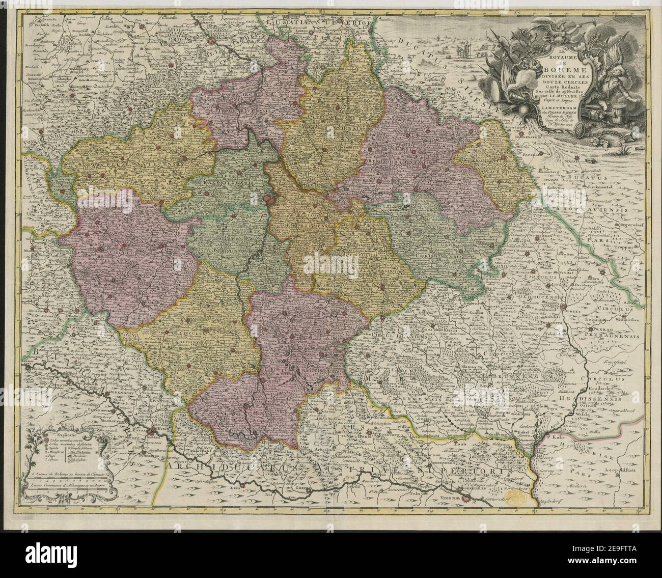LE ROYAUME DE BOHEME DIVISEÃÅE EN SES DOUZE CERCLES Carte reduite Sur celle de 25 Feuilles par I. C. MULLER Capt. Et Ingen. Autor Schenk, Petrus 89,25. Erscheinungsort: aÃÄ AMSTERDAM Verlag: chez PIERRE SCHENK l'Entree du Ness dans le Atlas de N. Visscher, Erscheinungsdatum: 1745. Objekttyp: 1 Karte Medium: Kupferstich, Handfarbe Maße: 48 x 61 cm ehemaliger Besitzer: George III, König von Großbritannien, 1738-1820 Stockfoto