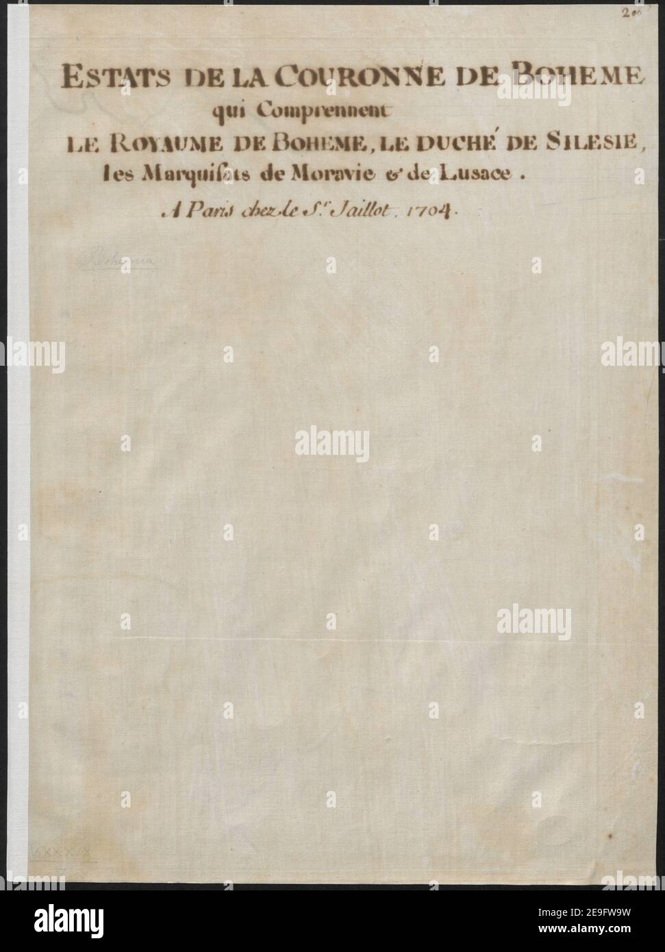 ESTATS DE LA COURONNE DE BOHEME qui comprennent LE ROYAUME DE BOHEME, LE DUCHEÃÅ DE SILESIE, LES MARQUISATS DE MORAVIE et DE LUSACE subdivises en leur principales parties. Autor Jaillot, Alexis Hubert 89,7. Erscheinungsort: A PARIS Verlag: Chez le S.r JAILLOT Geographe du Roy jognant les grands Augustins, aux 2 Globes, Avec Privilege du Roy, Erscheinungsdatum: 1704. Objekttyp: 1 Karte Medium: Kupferstich, Handfarbe im Umriss Maße: 44 x 63 cm ehemaliger Besitzer: George III, König von Großbritannien, 1738-1820 Stockfoto