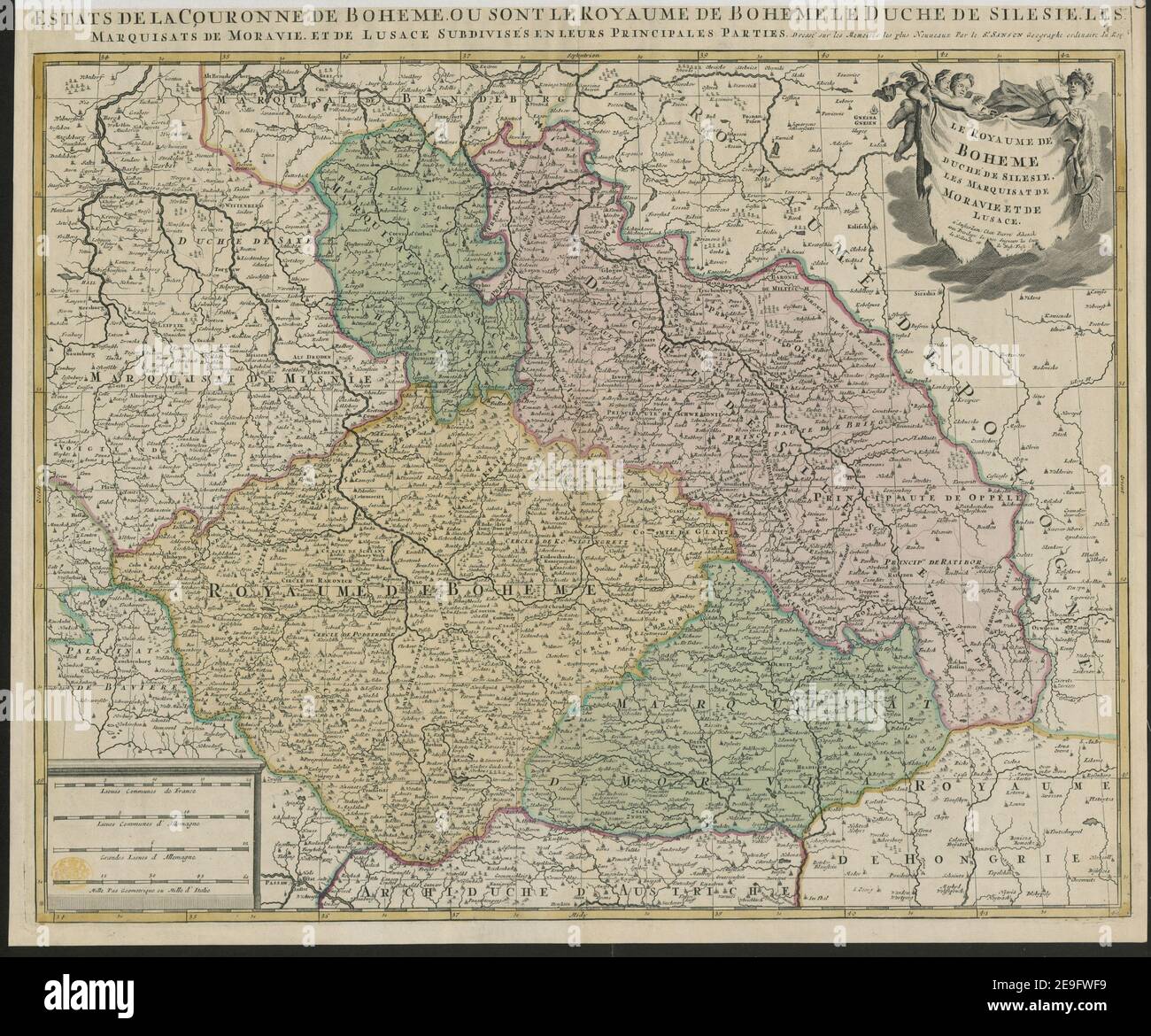 LE ROYAUME DE BOHEME DUCHEÃÅ DE SILESIE, LES MARQUISAT DE MORAVIE ET DE LUSACE. Autor Schenk, Peter 89,8. Erscheinungsort: A Amsterdam Verlag: Chez Pierre Schenck avec Privilege de noc seigneurs les Estads de Hollande et de West-Frise Erscheinungsdatum: [Ca. 1715?] Art des Artikels: 1 Karte Medium: Kupferstich, Handfarbe Maße: 45 x 56 cm ehemaliger Besitzer: George III, König von Großbritannien, 1738-1820 Stockfoto