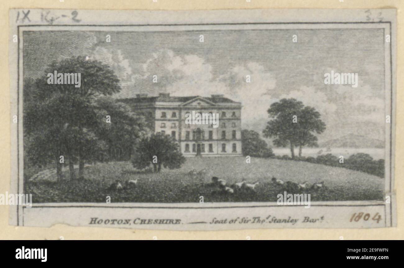 Hooton, Cheshire. Sitz von Sir Tho.s Stanley Bart. Visual Material information: Titel: Hooton, Cheshire. - Sitz von Sir Tho.s Stanley Bart. 9,14.2. Ort der Veröffentlichung: [London] Verlag: [W. Peacock]., Erscheinungsdatum: [1804] Objekttyp: 1 Druckmedium: Radierung Maße: Blatt 3,7 x 6,3 cm [getrimmt innerhalb Plattenmark]. Ehemaliger Besitzer: George III., König von Großbritannien, 1738-1820 Stockfoto