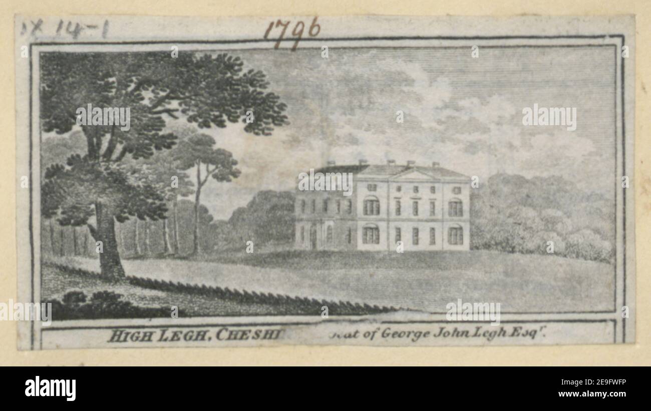 High Legh, Cheshire Sitz von George John Legh Esq.r. Visual Material information: Titel: High Legh, Cheshire Sitz von George John Legh Esq.r. 9,14.1. Ort der Veröffentlichung: [London] Verlag: [W. Peacock]., Erscheinungsdatum: [1796] Objekttyp: 1 Druckmedium: Radierung Maße: Blatt 3,5 x 6,3 cm [getrimmt innerhalb Plattenmark]. Ehemaliger Besitzer: George III., König von Großbritannien, 1738-1820 Stockfoto