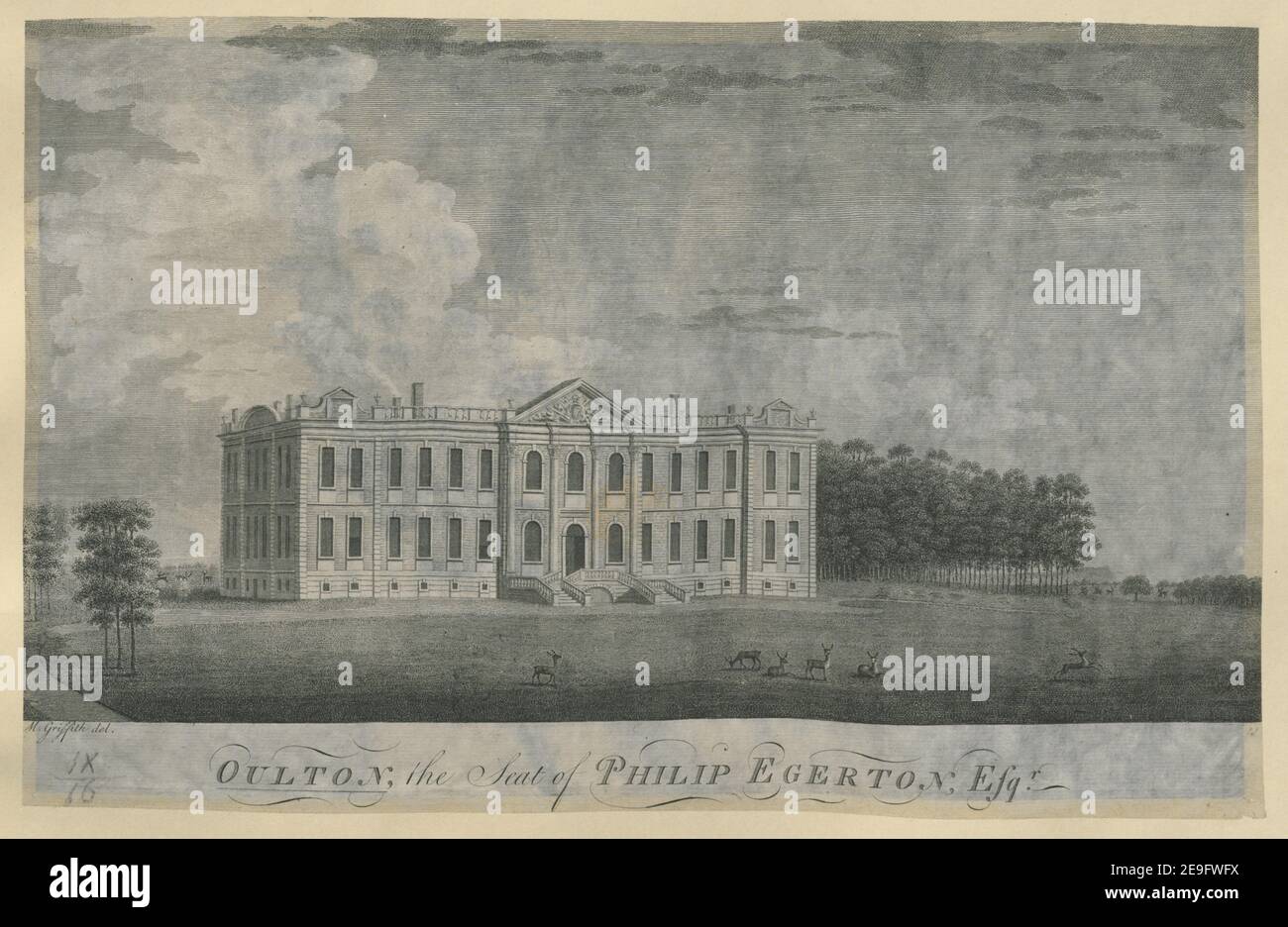 Oulton, der Sitz von Philip Egerton, Esq.r. Autor Griffith, Moses 9,16. Erscheinungsort: [London] Verlag: [Unidentified Publisher] Erscheinungsdatum: [1745-1785.] Art des Artikels: 1 Druck Medium: Radierung und Gravur Maße: Blatt 19,4 x 30,4 cm [im Plattenmark beschnitten] ehemaliger Besitzer: George III., König von Großbritannien, 1738-1820 Stockfoto
