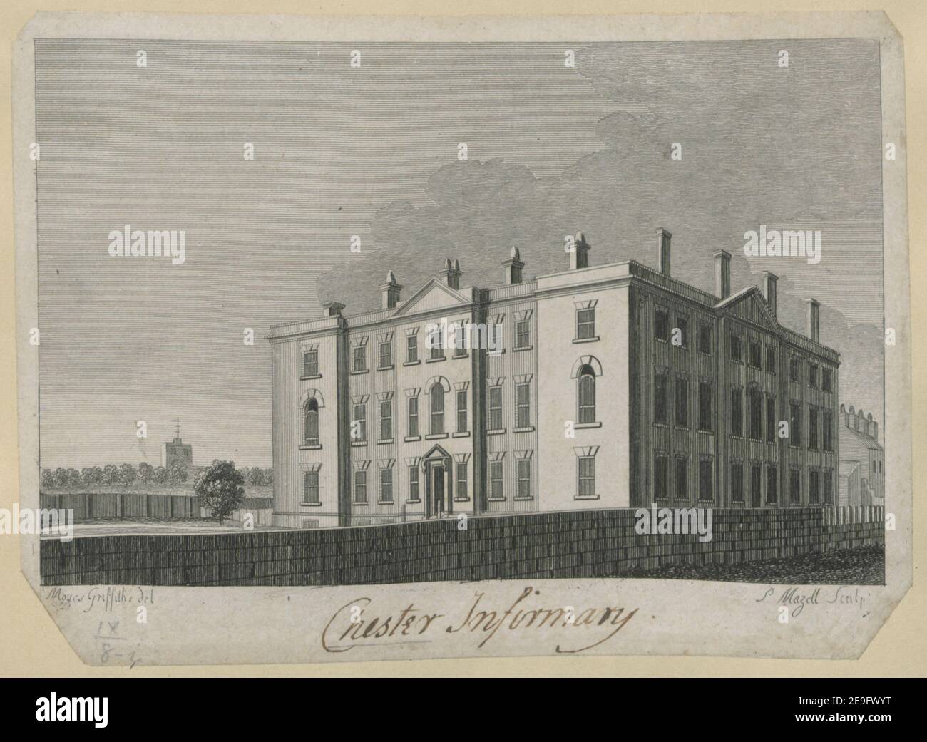 Chester Infirmary. Autor Mazell, Peter 9,8.i. Erscheinungsort: [London] Verlag: [Unidentified Publisher]., Erscheinungsdatum: [1767-1797 c.] Art des Artikels: 1 Druck Medium: Radierung Maße: Blatt 13,5 x 18,7 cm [im Plattenmark beschnitten] ehemaliger Besitzer: George III., König von Großbritannien, 1738-1820 Stockfoto