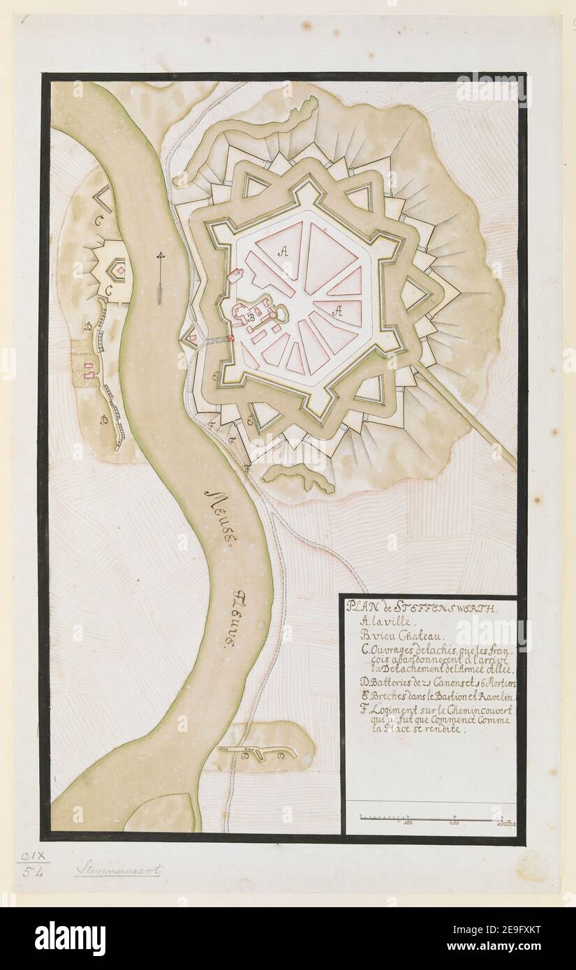 PLAN de STEFFENSWERTH. Karteninformationen: Titel: PLAN de STEFFENSWERTH. 109,54. Veröffentlichungsdatum: 1702 c. Art des Artikels: 1 Karte Medium: Feder und Tinte mit farbiger Wäsche Maße: 35,5 x 46,5 cm ehemaliger Besitzer: George III, König von Großbritannien, 1738-1820 Stockfoto