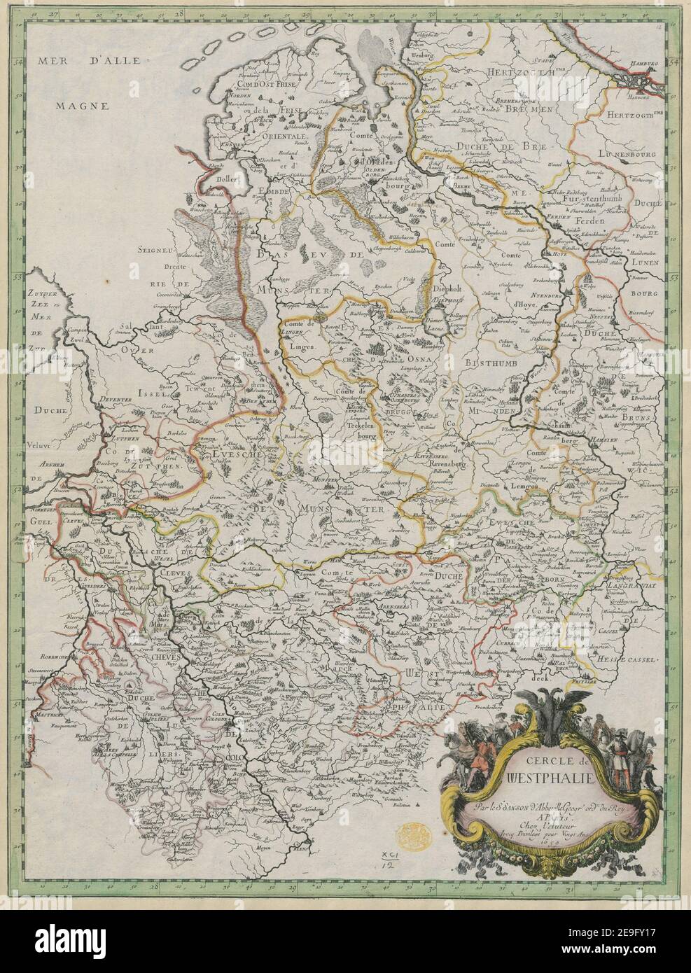 CERCLE de WESTHALIE Autor Sanson, Nicolas 91,12. Erscheinungsort: A PARIS Verlag: Chez l'Auteur Avecq Privilege pour Vingt ans, Erscheinungsdatum: 1659. Objekttyp: 1 Karte Medium: Kupferstich, Handcoluor Maße: 51 x 38 cm ehemaliger Besitzer: George III, König von Großbritannien, 1738-1820 Stockfoto