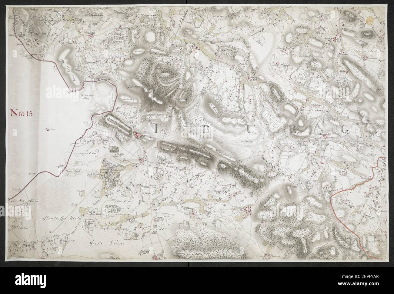 Specielle Carte des HOCHSTIFFTS OSNABRUCK in XIX Planchen Autor Bussche-Haddenhausen, Georg Wilhelm von dem 91,67.1. Erscheinungsort: [OsnabruÃàck] Verlag: Von Georg Wilhelm von dem Bussche Obrist Lieutenant unter Hochstderoselben Regimente und Frantz Christian Benoit Capitaine Lieutenant bey dem Jahren 1765, 1766 und 1767, Erscheinungsdatum: [1767.] Objekttyp: 1 Karte auf 19 Blatt + Index Medium: Handschriftenstift und Tinte, Farbe Abmessungen: Bogengrößen variieren Alter Besitzer: George III, König von Großbritannien, 1738-1820 Stockfoto