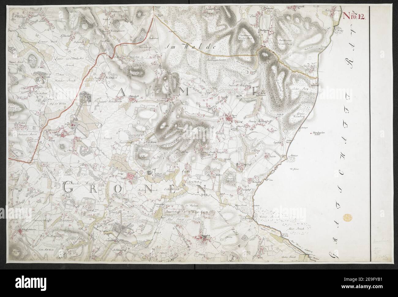 Specielle Carte des HOCHSTIFFTS OSNABRUCK in XIX Planchen Autor Bussche-Haddenhausen, Georg Wilhelm von dem 91,67.1. Erscheinungsort: [OsnabruÃàck] Verlag: Von Georg Wilhelm von dem Bussche Obrist Lieutenant unter Hochstderoselben Regimente und Frantz Christian Benoit Capitaine Lieutenant bey dem Jahren 1765, 1766 und 1767, Erscheinungsdatum: [1767.] Objekttyp: 1 Karte auf 19 Blatt + Index Medium: Handschriftenstift und Tinte, Farbe Abmessungen: Bogengrößen variieren Alter Besitzer: George III, König von Großbritannien, 1738-1820 Stockfoto
