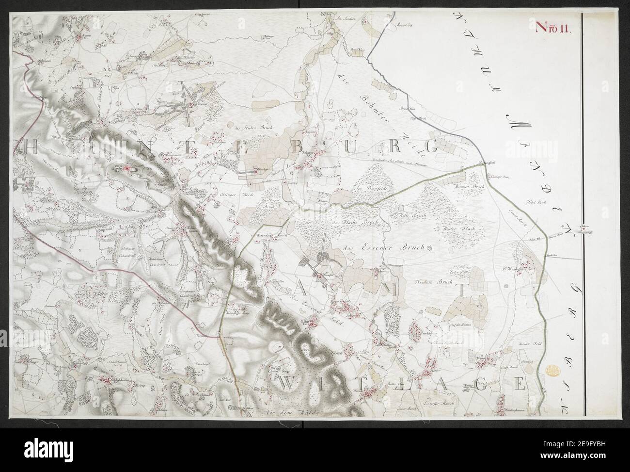 Specielle Carte des HOCHSTIFFTS OSNABRUCK in XIX Planchen Autor Bussche-Haddenhausen, Georg Wilhelm von dem 91,67.1. Erscheinungsort: [OsnabruÃàck] Verlag: Von Georg Wilhelm von dem Bussche Obrist Lieutenant unter Hochstderoselben Regimente und Frantz Christian Benoit Capitaine Lieutenant bey dem Jahren 1765, 1766 und 1767, Erscheinungsdatum: [1767.] Objekttyp: 1 Karte auf 19 Blatt + Index Medium: Handschriftenstift und Tinte, Farbe Abmessungen: Bogengrößen variieren Alter Besitzer: George III, König von Großbritannien, 1738-1820 Stockfoto