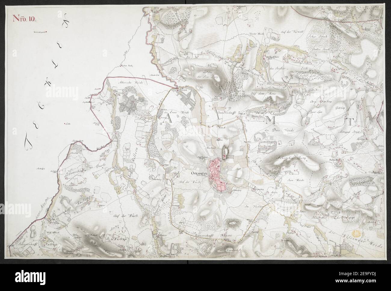Specielle Carte des HOCHSTIFFTS OSNABRUCK in XIX Planchen Autor Bussche-Haddenhausen, Georg Wilhelm von dem 91,67.1. Erscheinungsort: [OsnabruÃàck] Verlag: Von Georg Wilhelm von dem Bussche Obrist Lieutenant unter Hochstderoselben Regimente und Frantz Christian Benoit Capitaine Lieutenant bey dem Jahren 1765, 1766 und 1767, Erscheinungsdatum: [1767.] Objekttyp: 1 Karte auf 19 Blatt + Index Medium: Handschriftenstift und Tinte, Farbe Abmessungen: Bogengrößen variieren Alter Besitzer: George III, König von Großbritannien, 1738-1820 Stockfoto