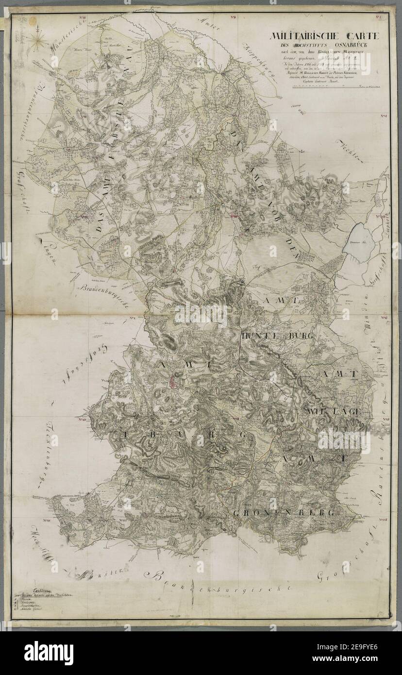 MILITARISCHE CARTE DES HOCHSTIFFTS OSNABRUÃàCK nach dem, von IHRO KOÃàNIGLICHEN MAYESTAET aus gegegenenen Maastab Nro 2. In den Jahren 1766 und 1767 aufgepasst und entwickelt Autor Bussche-Haddenhausen, Georg Wilhelm von dem 91.67.2 TAB. Erscheinungsort: [OsnabruÃàck] Verlag: Von den, in dem Hannoverschen Infanterie Regimente SR KONIGLICHEN HOHEIT des PRINZEN FRIEDERICHS stehenden Obrist Lietenant von dem Busche, und dem Ingenieur Capitaine Lieutenant Benoit, Erscheinungsdatum: [Ca. 1767.] Objekttyp: 1 Karte auf 5 Blatt Mittel: c Stockfoto