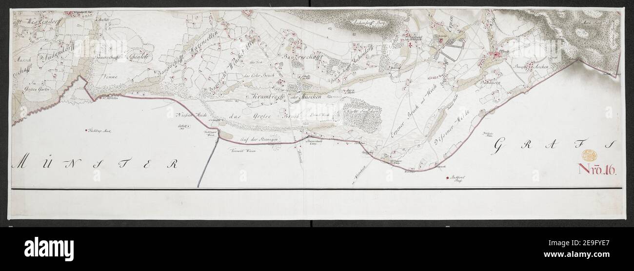 Specielle Carte des HOCHSTIFFTS OSNABRUCK in XIX Planchen Autor Bussche-Haddenhausen, Georg Wilhelm von dem 91,67.1. Erscheinungsort: [OsnabruÃàck] Verlag: Von Georg Wilhelm von dem Bussche Obrist Lieutenant unter Hochstderoselben Regimente und Frantz Christian Benoit Capitaine Lieutenant bey dem Jahren 1765, 1766 und 1767, Erscheinungsdatum: [1767.] Objekttyp: 1 Karte auf 19 Blatt + Index Medium: Handschriftenstift und Tinte, Farbe Abmessungen: Bogengrößen variieren Alter Besitzer: George III, König von Großbritannien, 1738-1820 Stockfoto